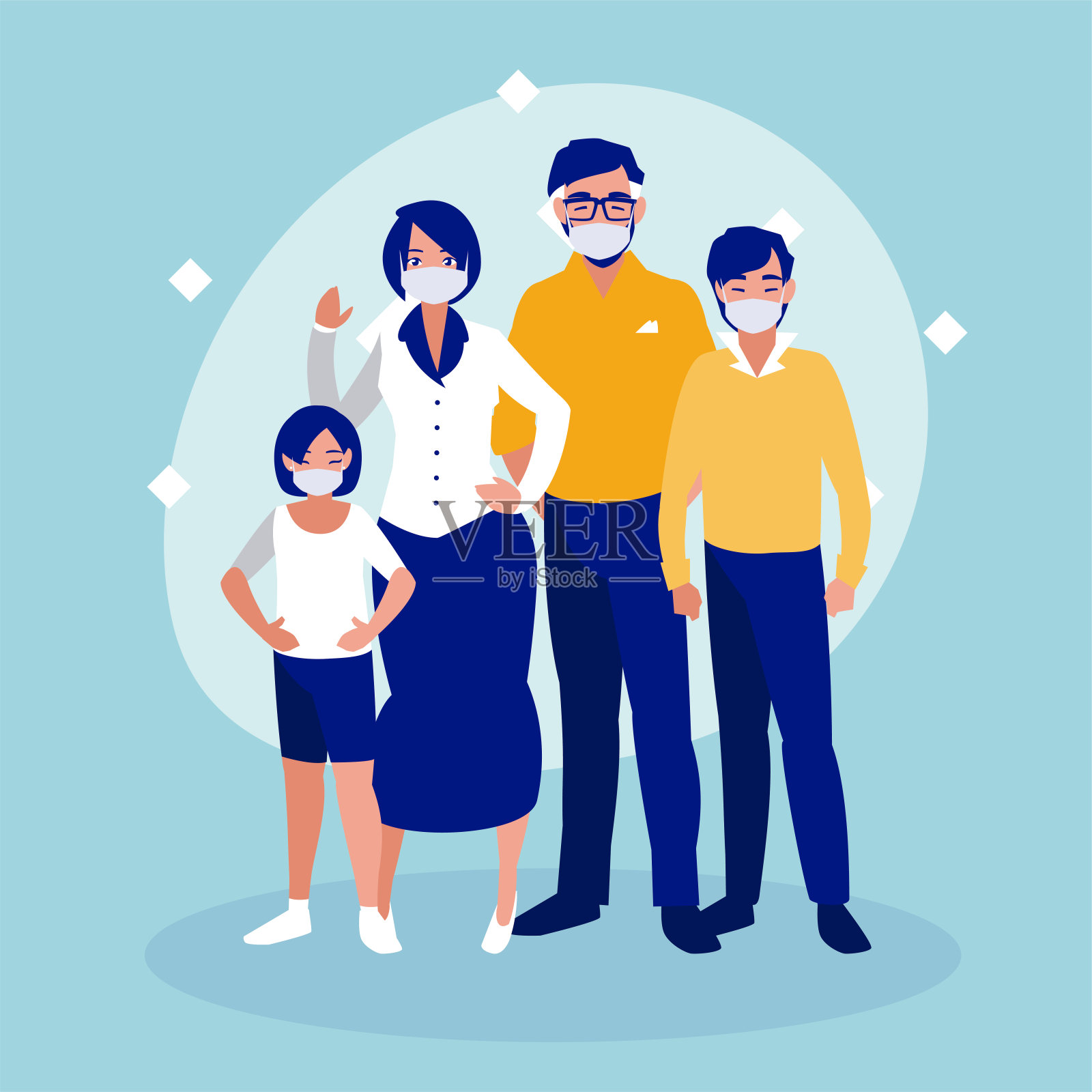 家族与口罩矢量设计插画图片素材