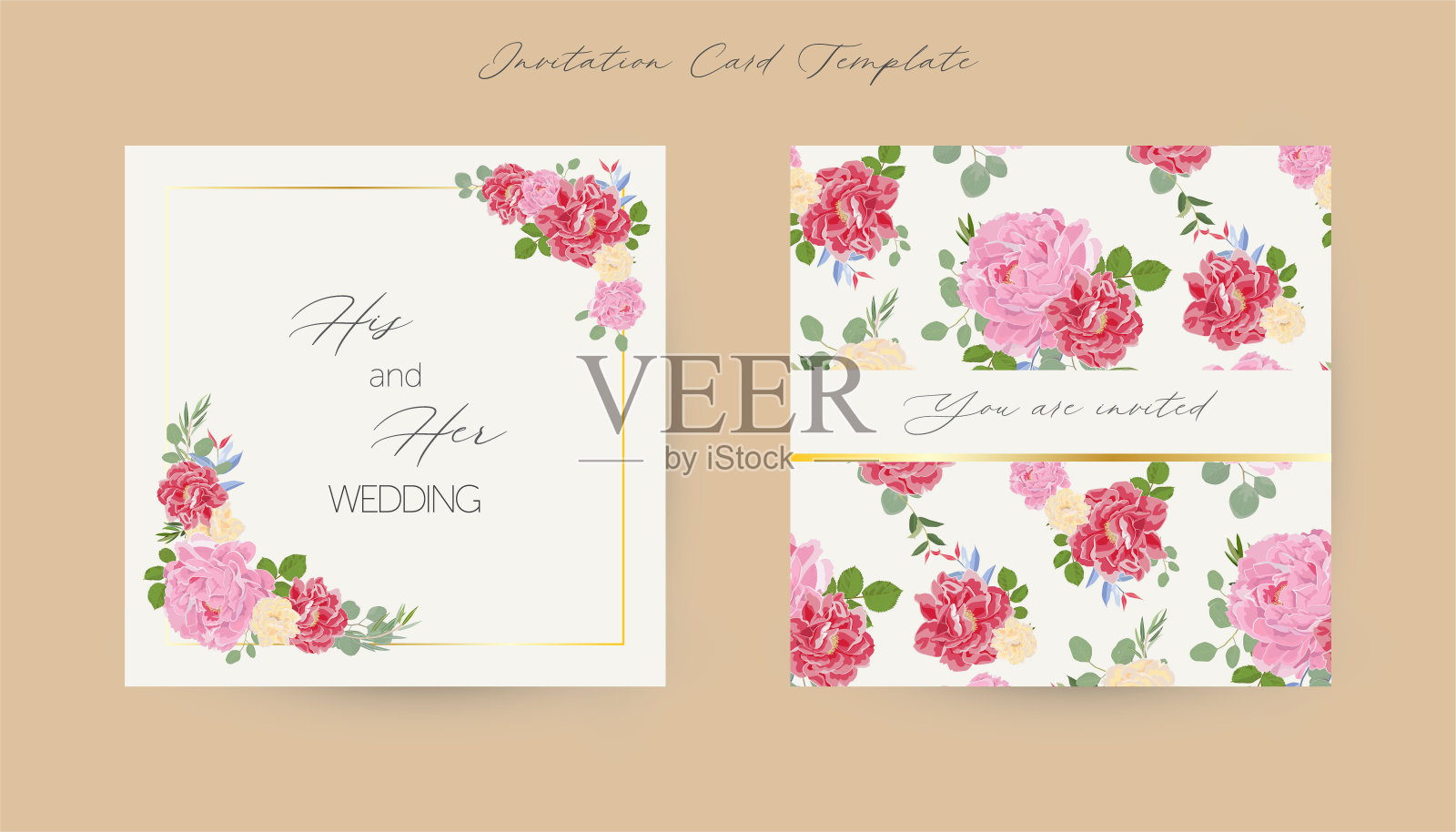 一套婚礼请帖的方形。植物和叶子，红牡丹和玫瑰花与玫瑰叶插画图片素材