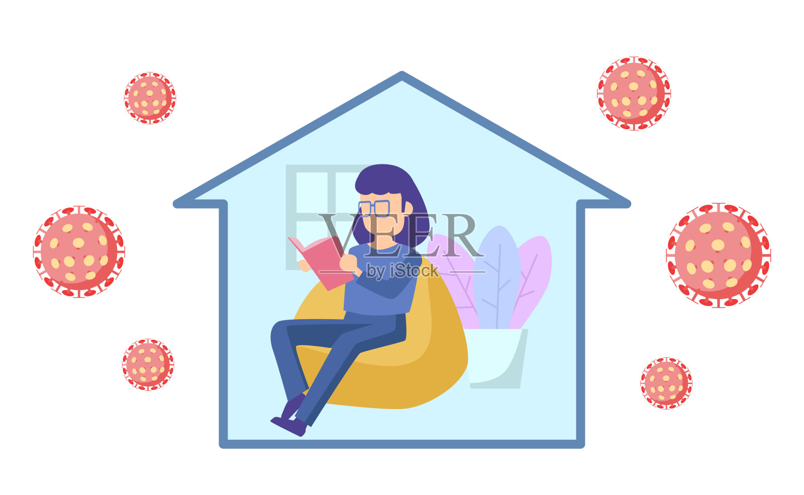 一个女人坐在沙发上看书。居家预防新冠肺炎疫情。自我隔离插画图片素材
