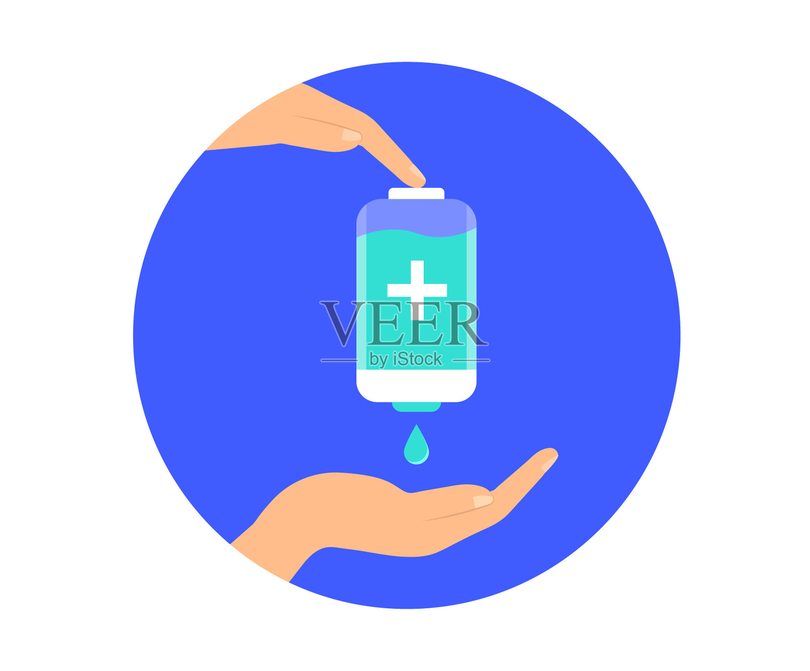 使用洗手液的手。抗菌消毒剂。预防措施。矢量平面设计。插画图片素材