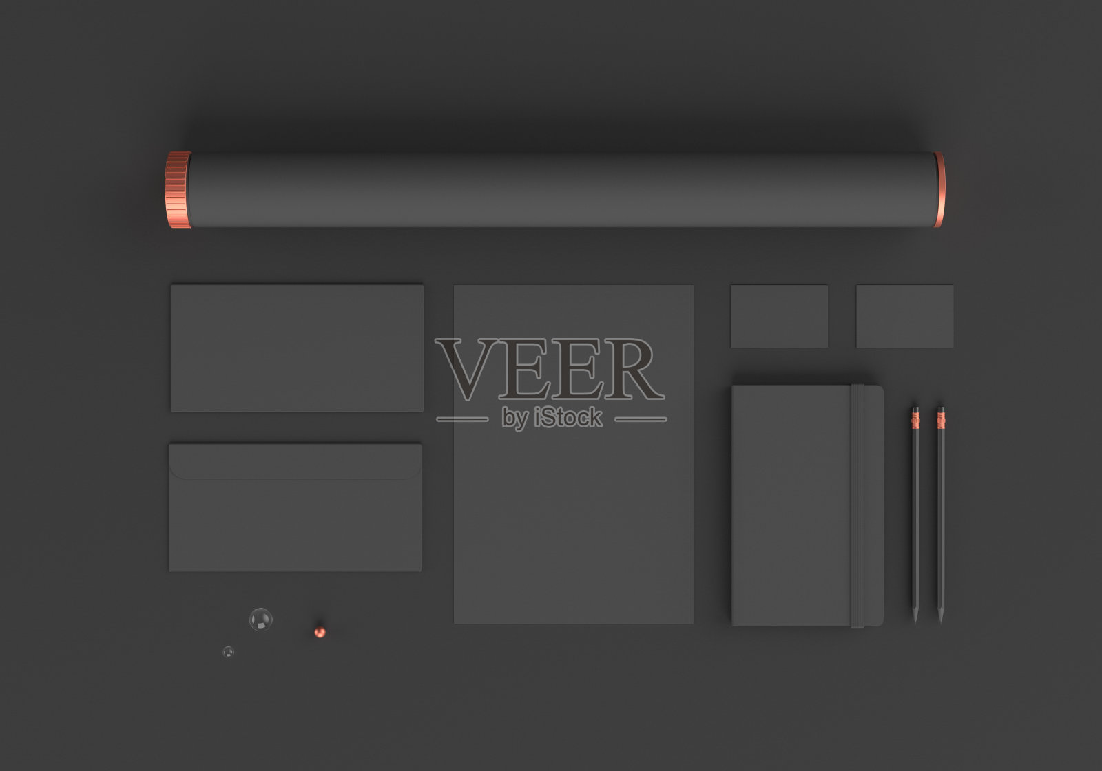 基础黑色文具模型模板品牌标识在黑暗的背景为平面设计师的演示和作品集。3 d渲染。照片摄影图片