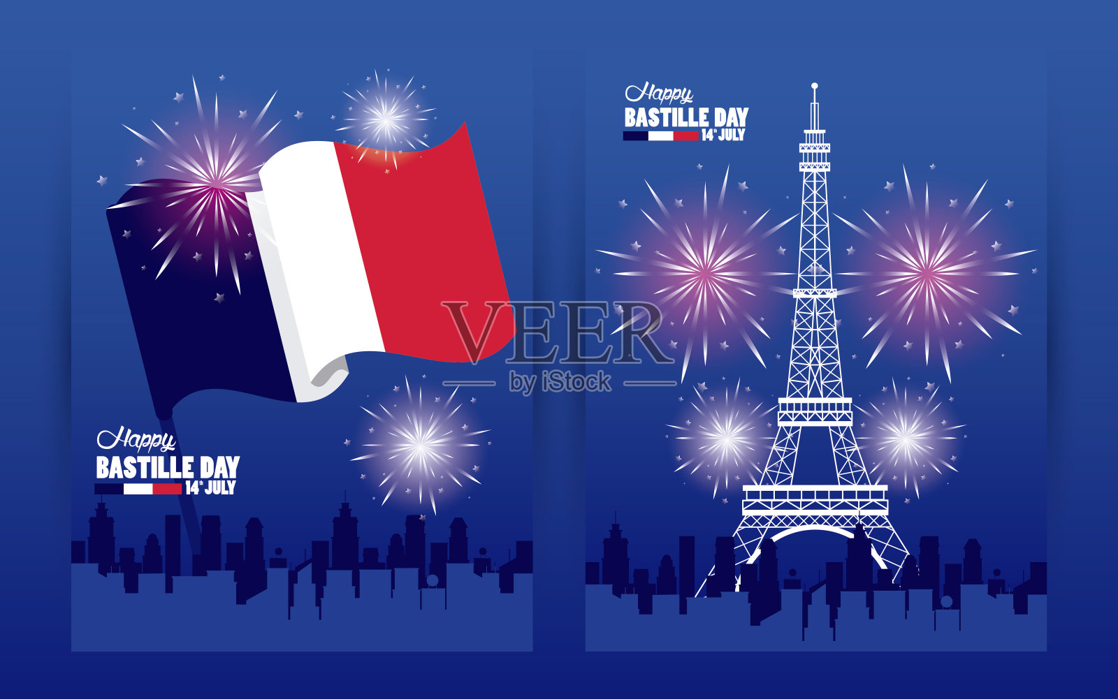 用埃菲尔铁塔和烟火庆祝巴士底日快乐设计模板素材