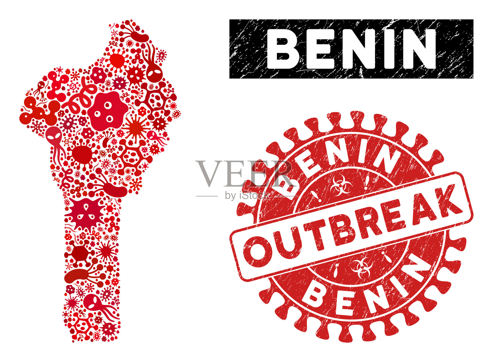 带有划伤爆发的爆发马赛克贝宁地图插画图片素材
