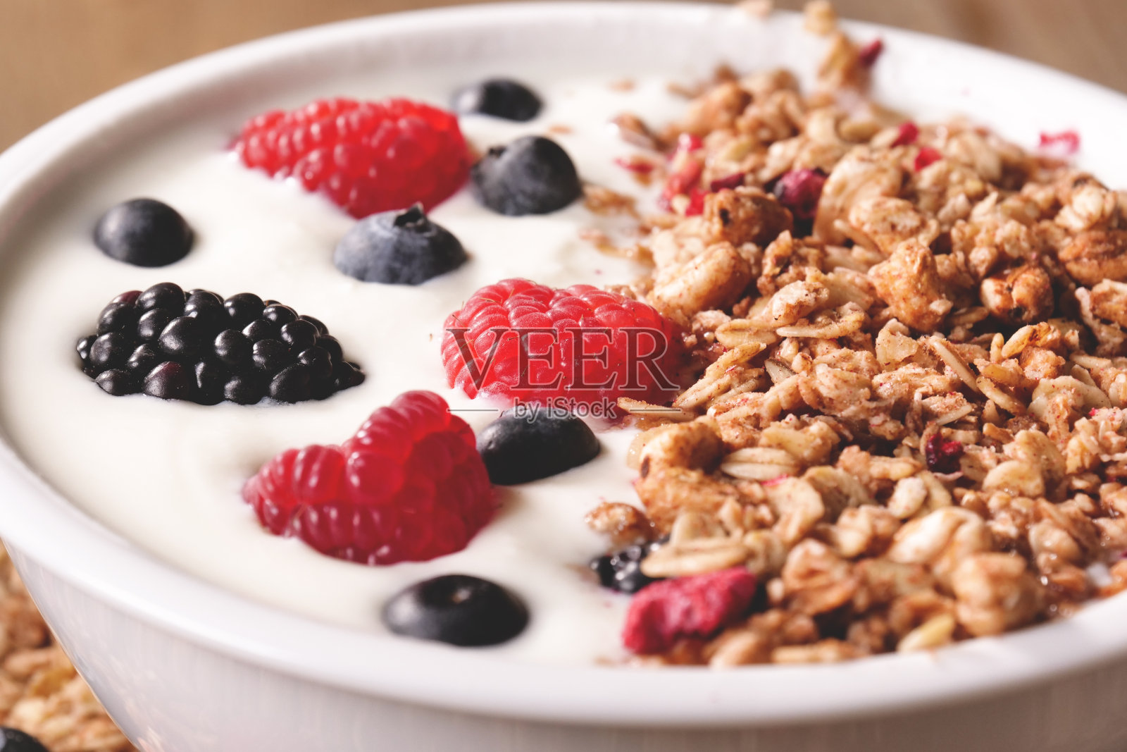 由酸奶，蓝莓，覆盆子，黑莓，什锦早餐组成的典型正宗早餐照片摄影图片