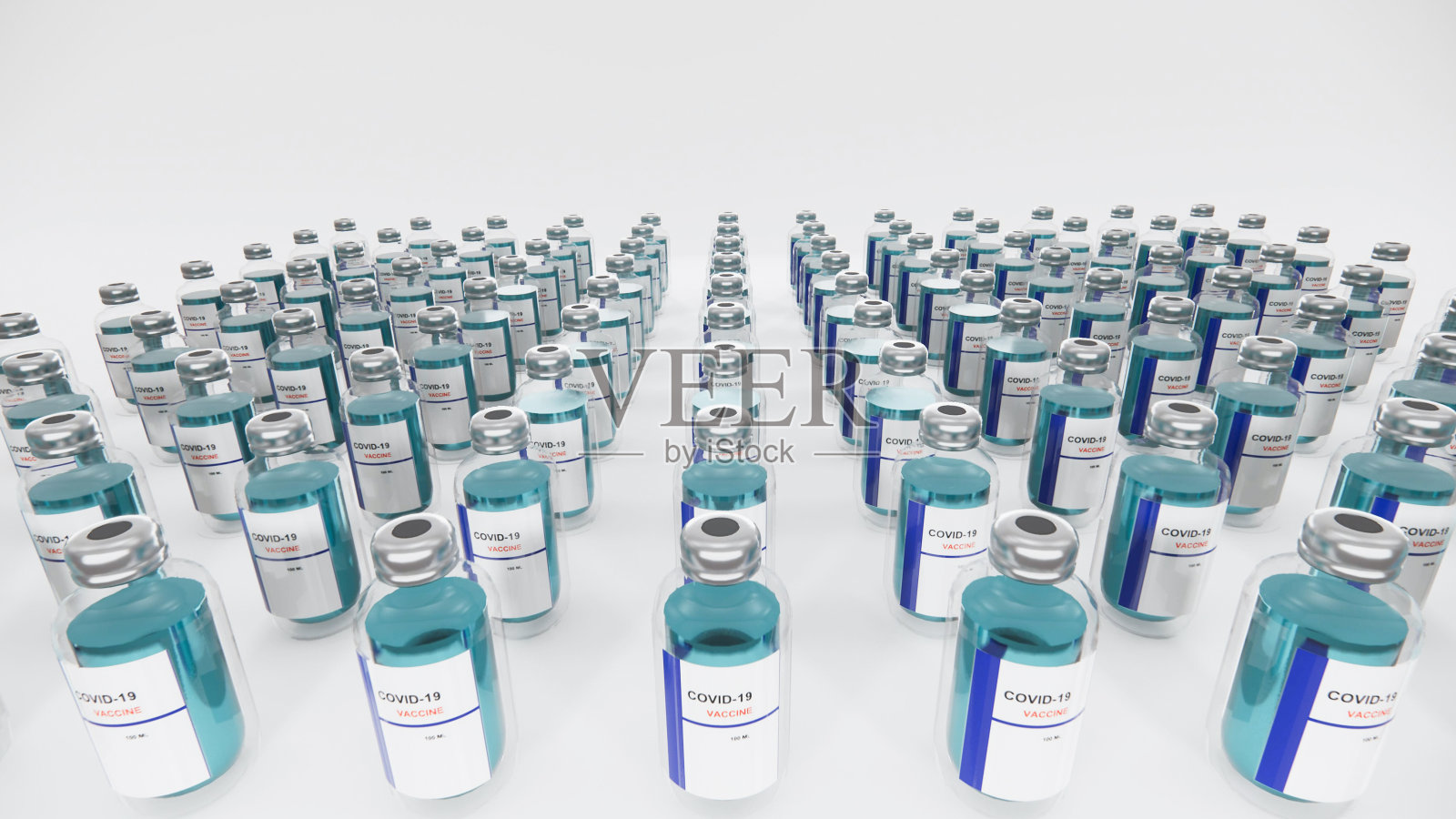 冠状病毒接种人员的概念。抗Covid-19大流行的药物。全球危险新型冠状病毒疫苗瓶。3 d渲染。照片摄影图片