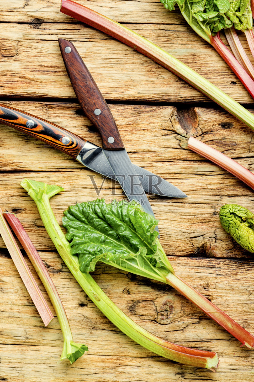 在木质表面上的大黄茎照片摄影图片