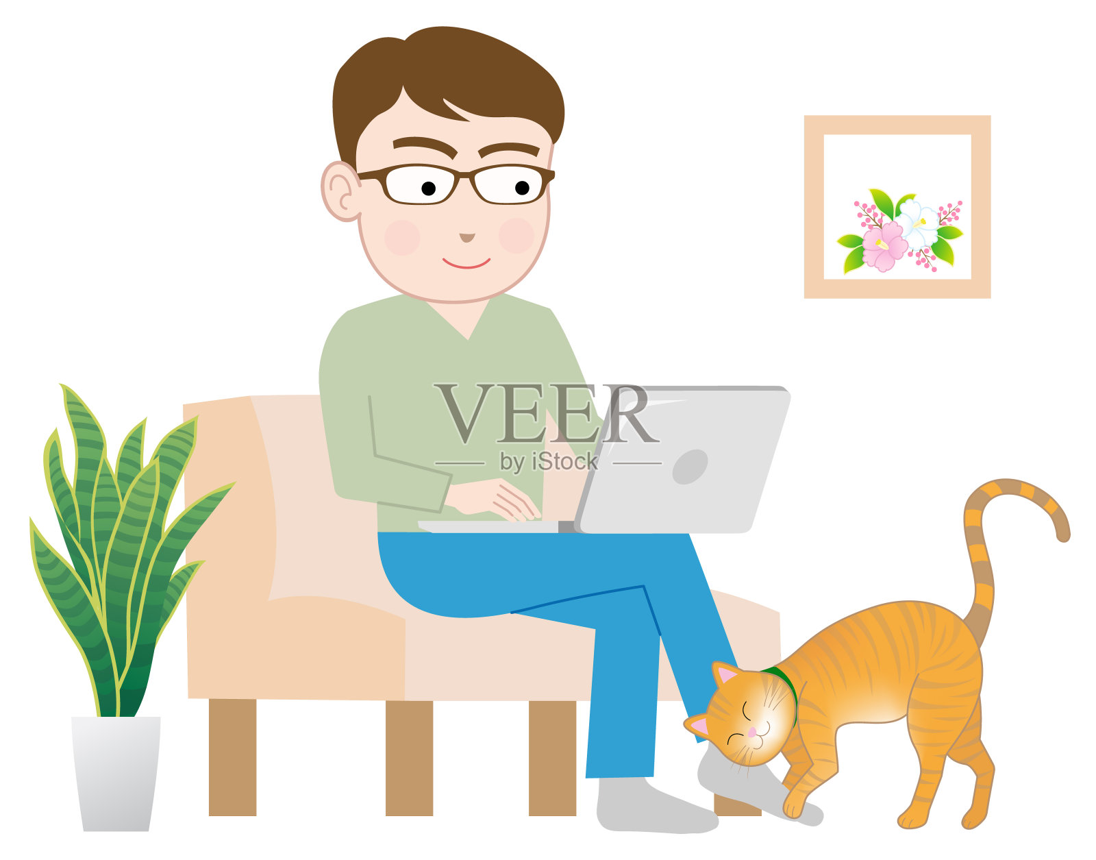 一个在家远程工作的人插画图片素材