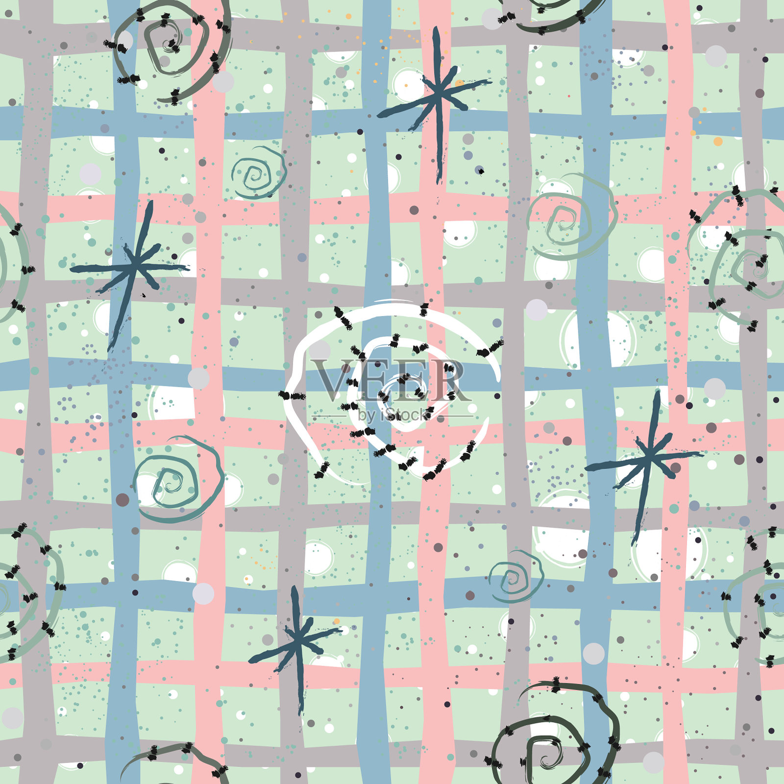 可爱的图案与金色螺旋和柔和的蓝色插画图片素材