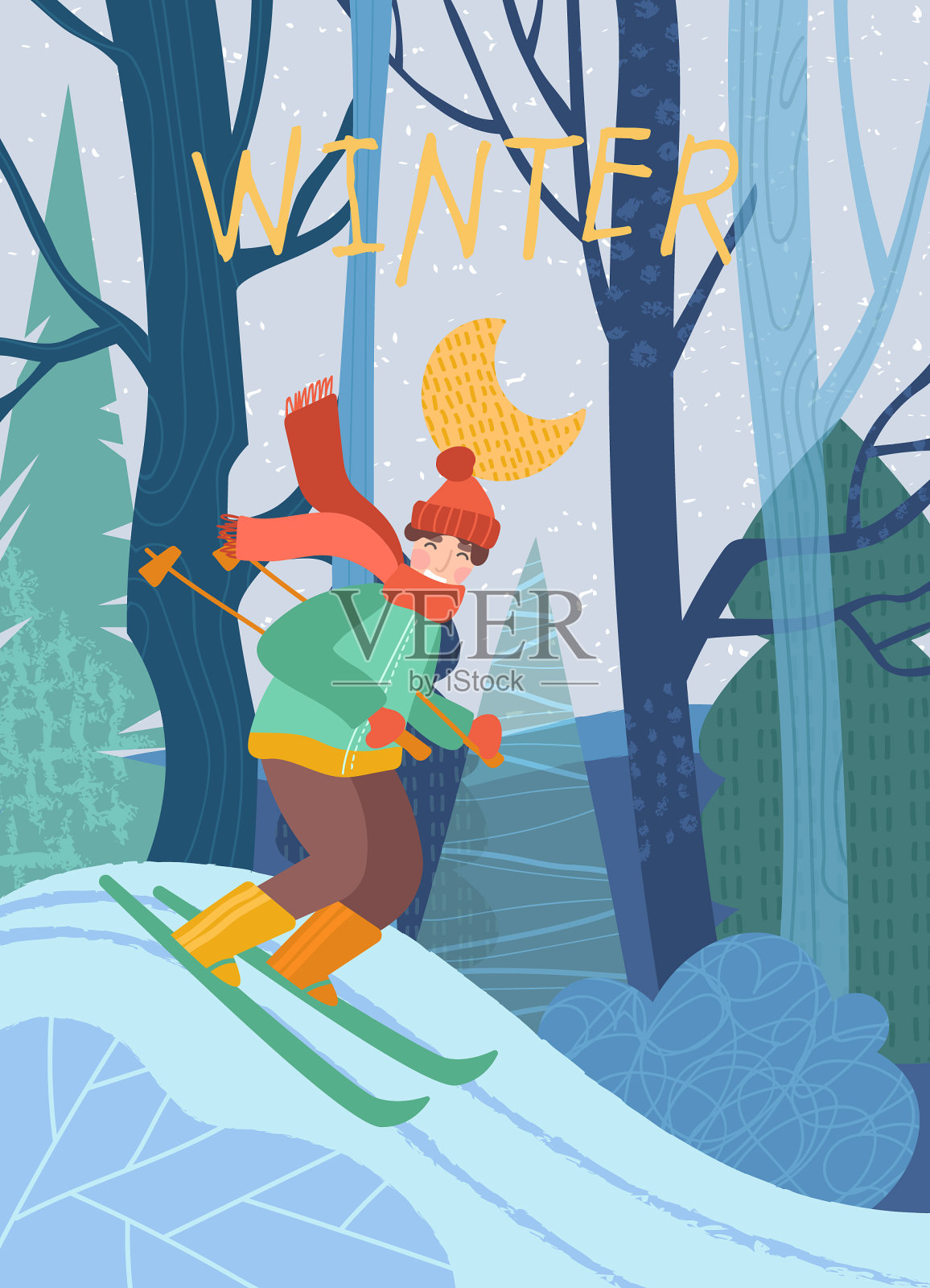 年轻人在冬天滑雪穿过森林插画图片素材