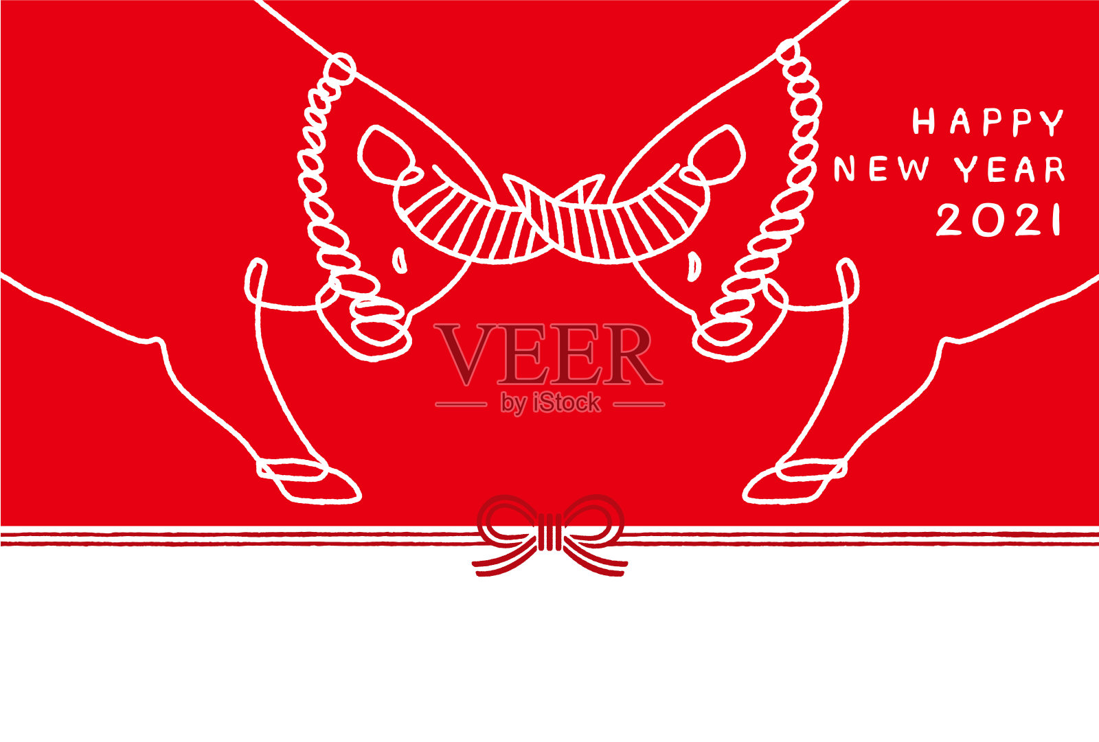 牛插图元旦。由扭曲纸制成的装饰性日本绳线。纸的字符串。2021年贺年卡。插画图片素材