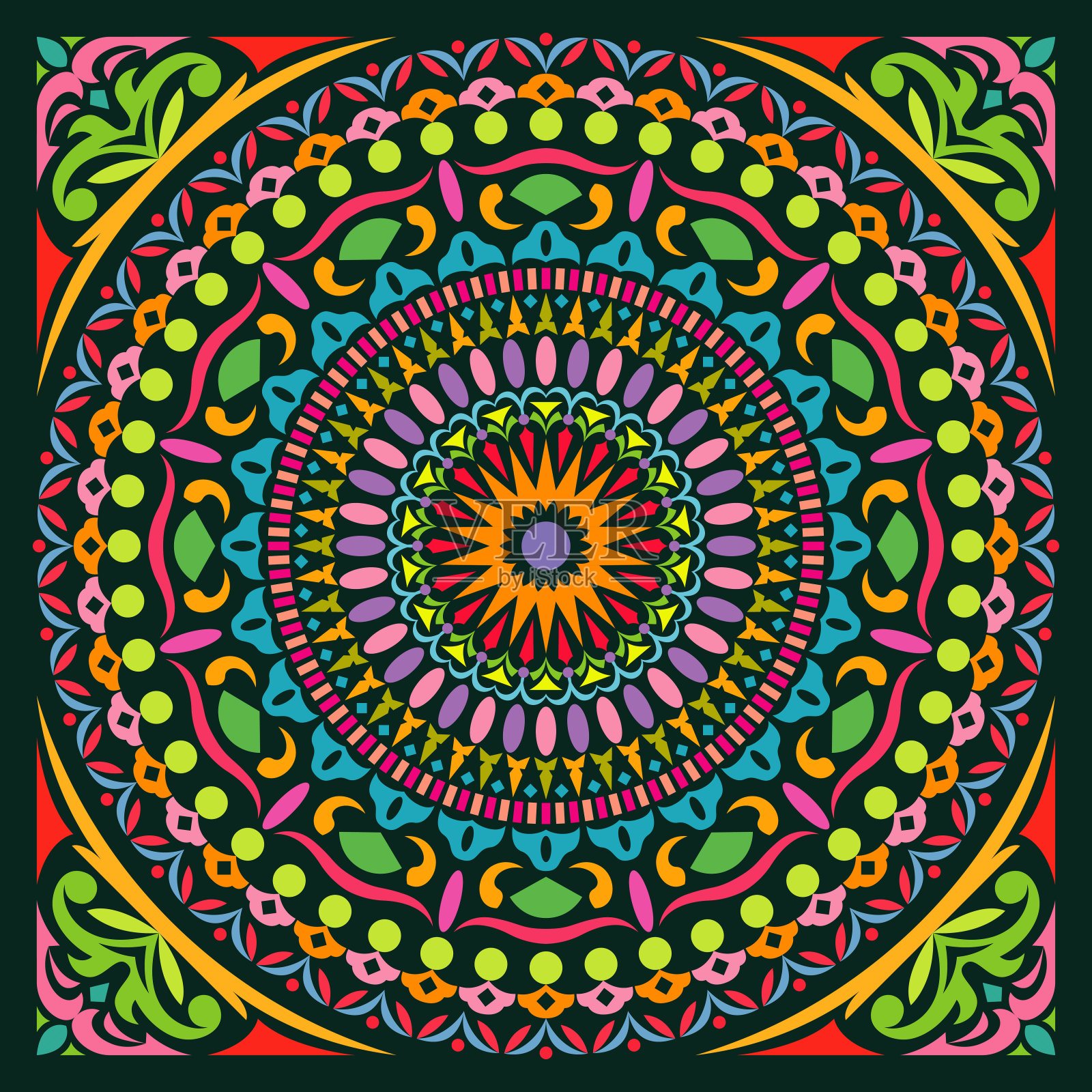 五彩曼荼罗艺术创作圈波普艺术框架几何对称装饰背景插画图片素材