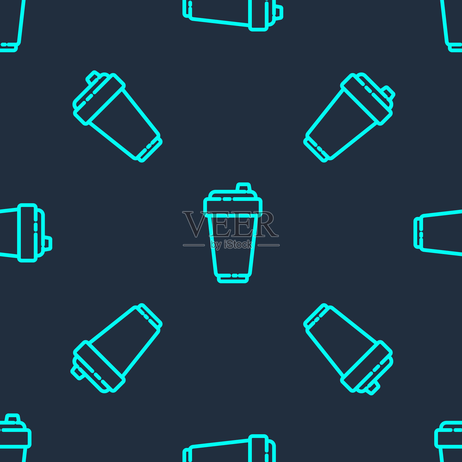 绿色线健身摇瓶图标隔离无缝模式上的蓝色背景。运动摇瓶与盖子的水和蛋白质鸡尾酒。矢量图插画图片素材