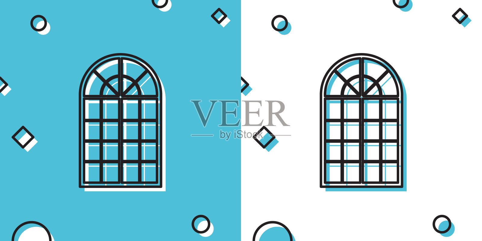 黑色拱形窗口图标隔离在蓝色和白色的背景。随机动态形状。矢量图插画图片素材