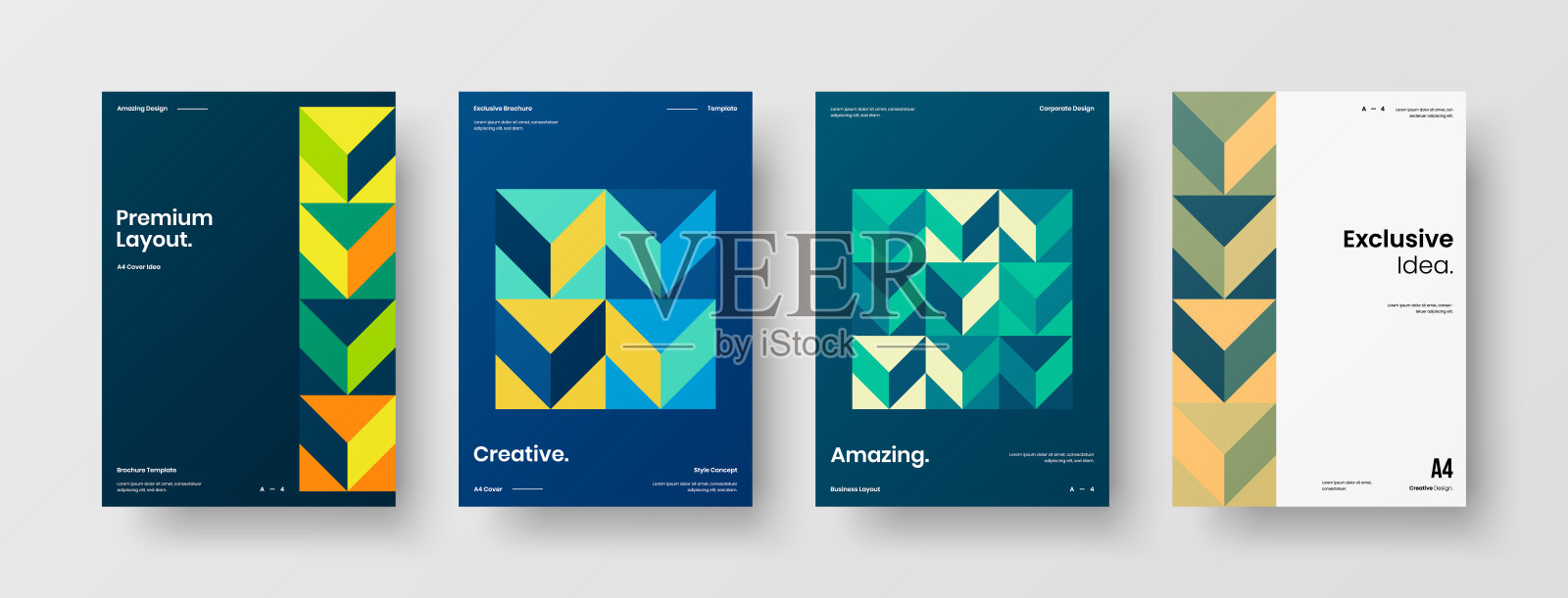 公司标识手册模板收集。业务表示向量A4垂直方向首页模拟设置。公司报告封面抽象几何插图设计布局捆绑。设计模板素材