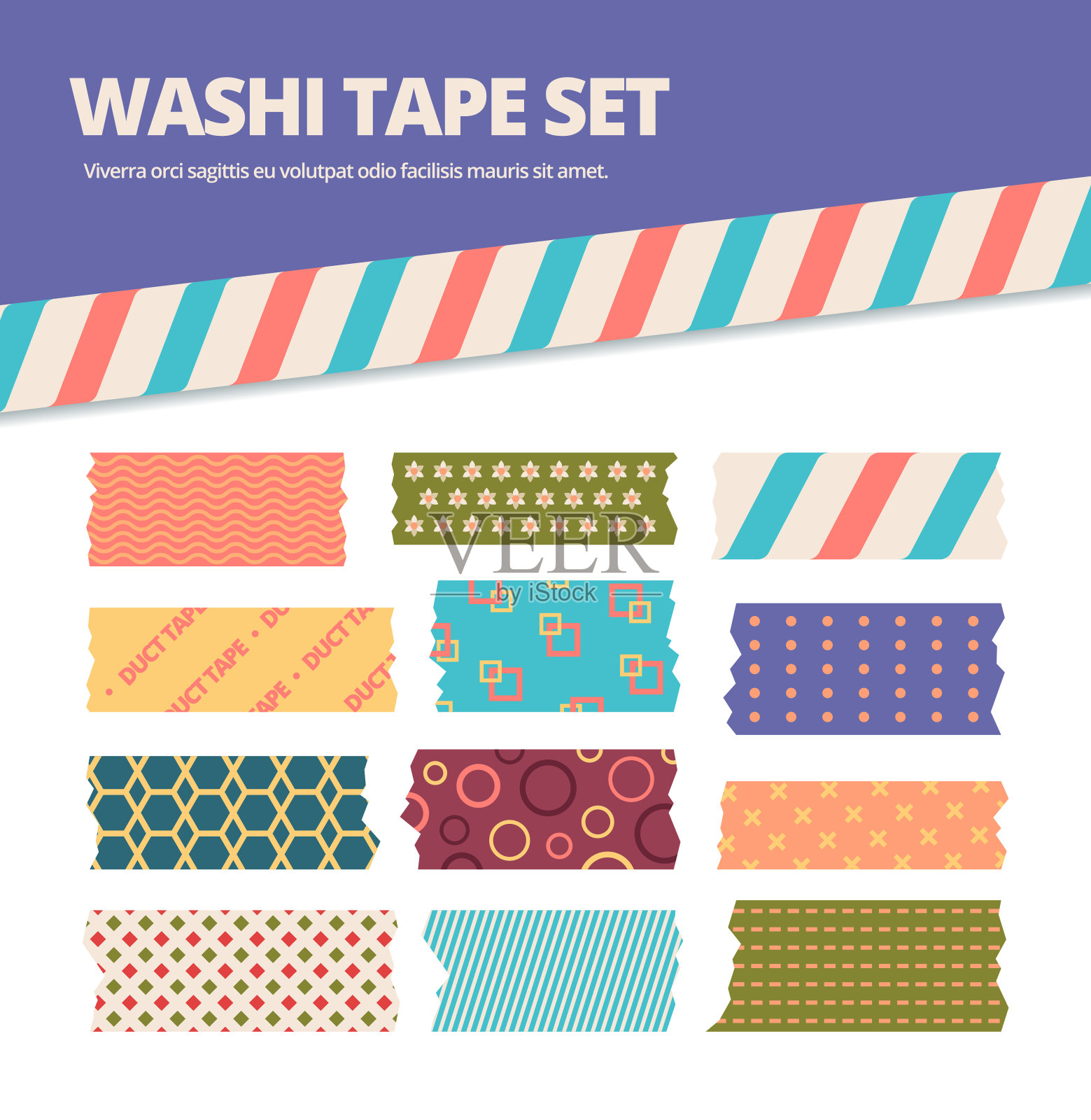 Washi磁带。日本条纹贴纸与彩色的原始窗饰，装饰丝带在可爱的粉红色，绿色，蓝色，折纸材料，剪贴簿。平面风格的矢量图形。插画图片素材