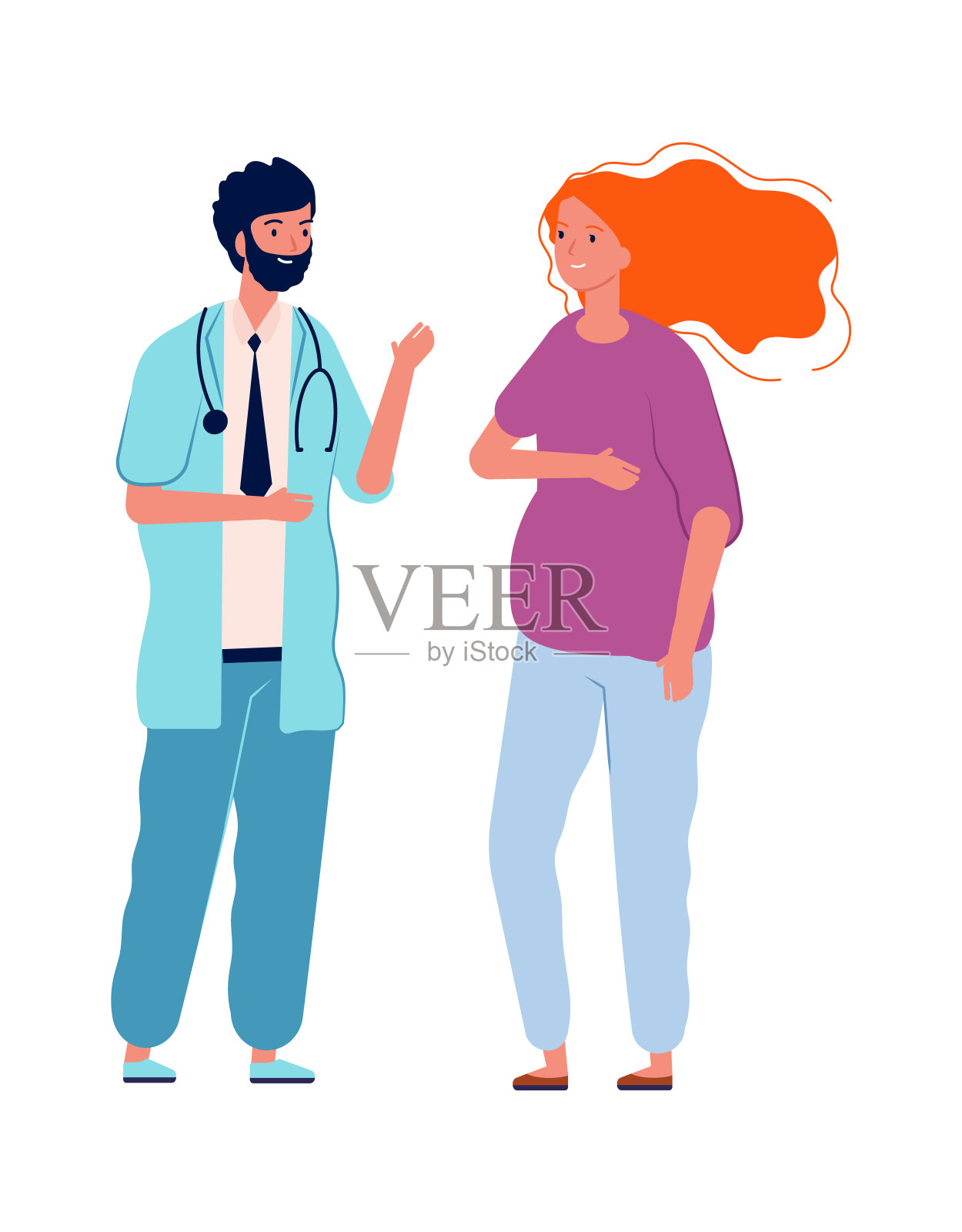 医生咨询年轻女子。孕妇与男护士谈话。隔离平医院工作人员与病人病媒特征插画图片素材