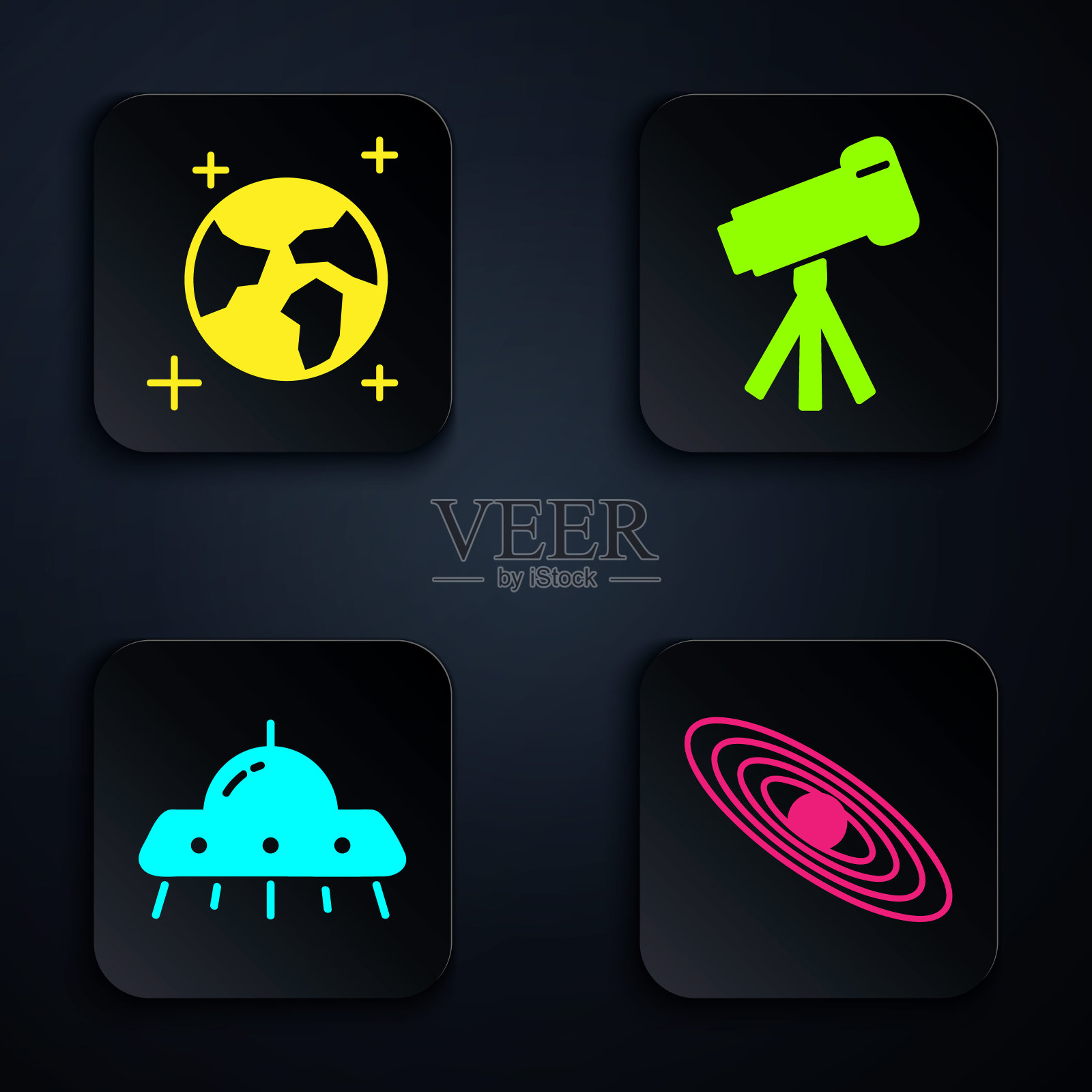 设置行星，地球，飞碟飞行飞船和望远镜。黑色方形按钮。向量图标素材