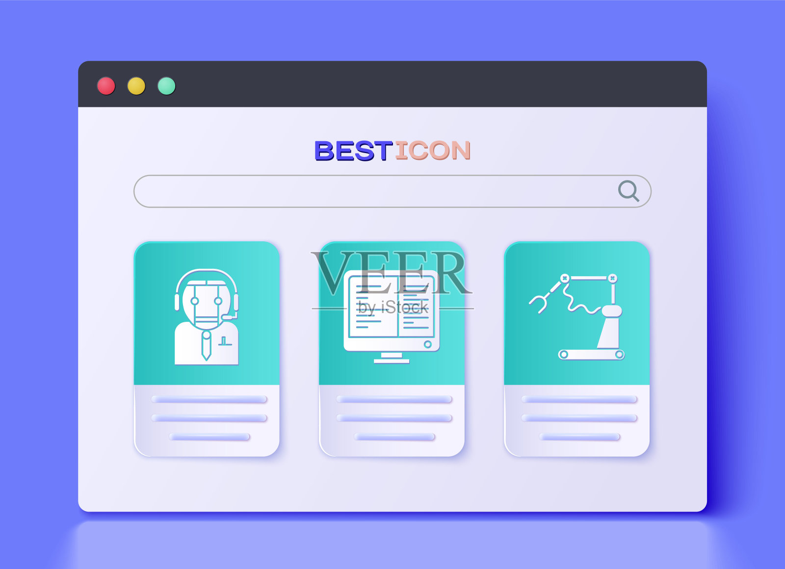 设置电脑显示器屏幕，工人机器人和工业机器机器人手臂和工厂图标。向量图标素材
