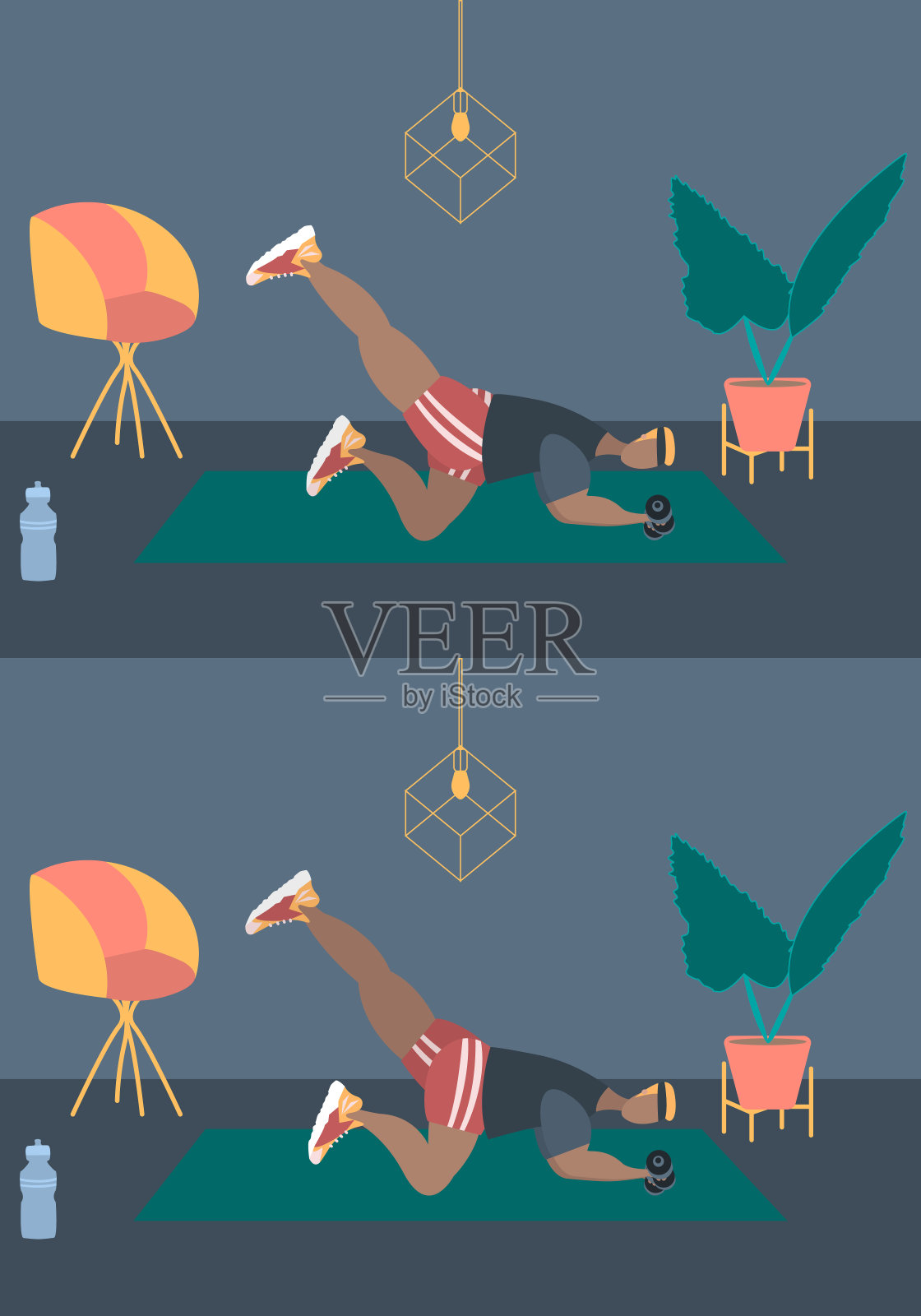 健美的人穿着运动服在家锻炼。积极健康的生活方式理念。体育竞赛，室内健身，体育运动。平面矢量插图在房间家具。时尚简单的室内插画图片素材