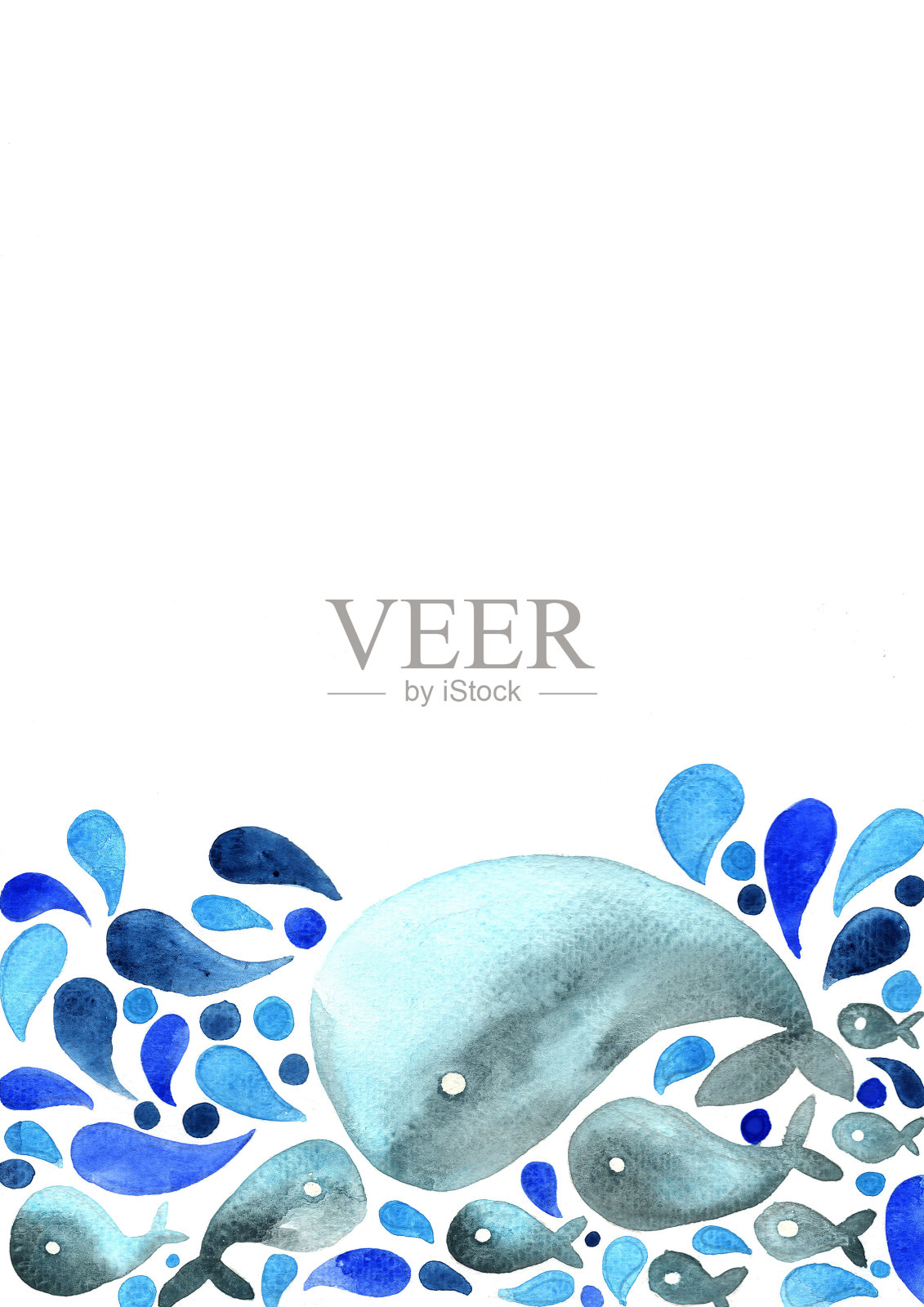 抽象的鲸鱼游泳在海洋水彩手绘画框背景装饰在暑假。设计元素图片