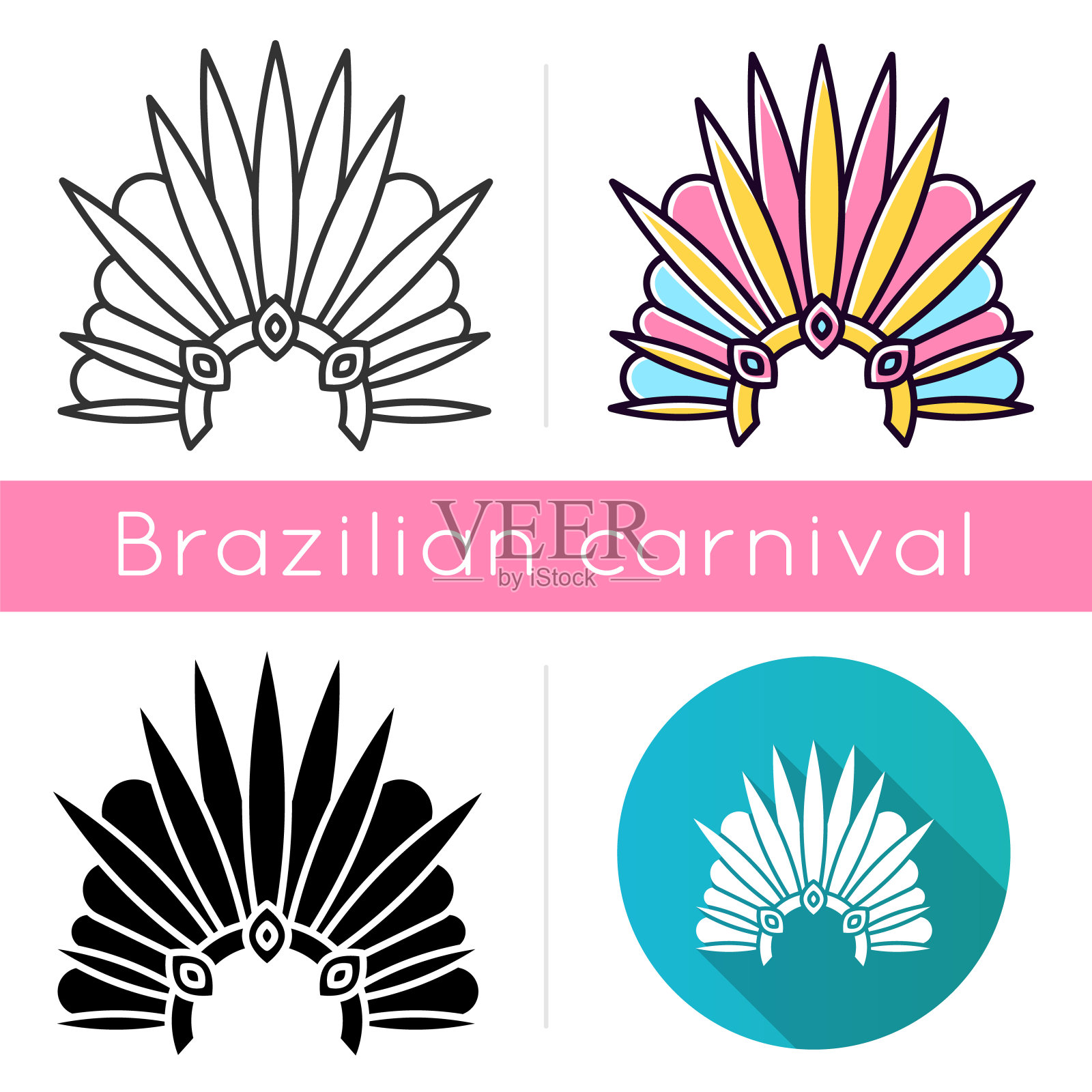 巴西狂欢节头饰图标集。线性，黑色和RGB颜色样式。王冠上有羽毛和珠宝。少数民族的节日。国定假日。化装游行。孤立的矢量插图插画图片素材