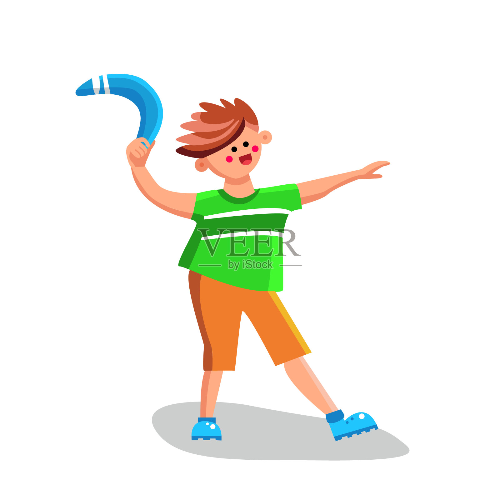 男孩投掷回旋镖玩设备矢量插画图片素材