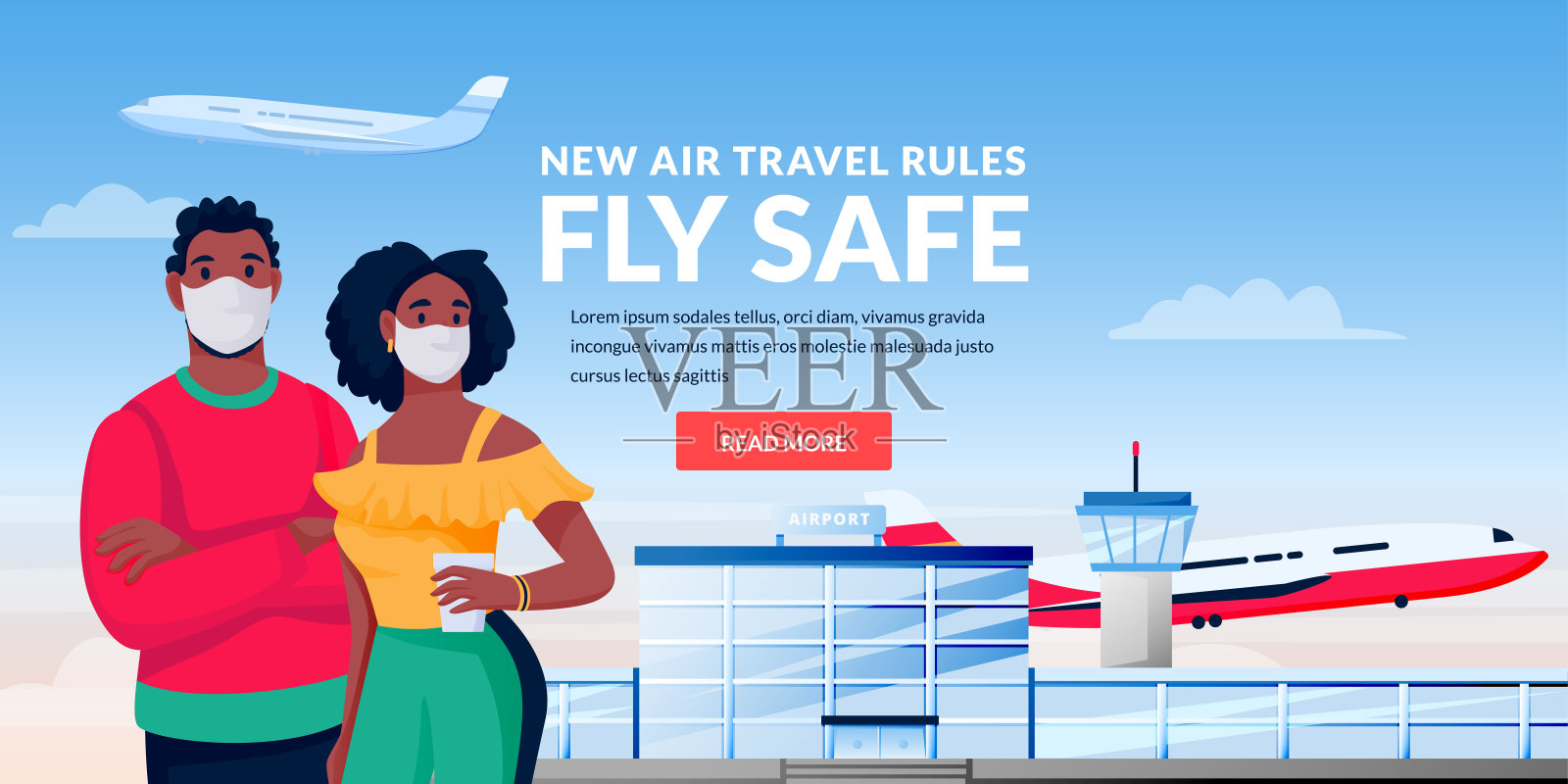 航空旅行规范健康的飞行理念。在机场候机楼戴着医用口罩的非洲男女。矢量图插画图片素材