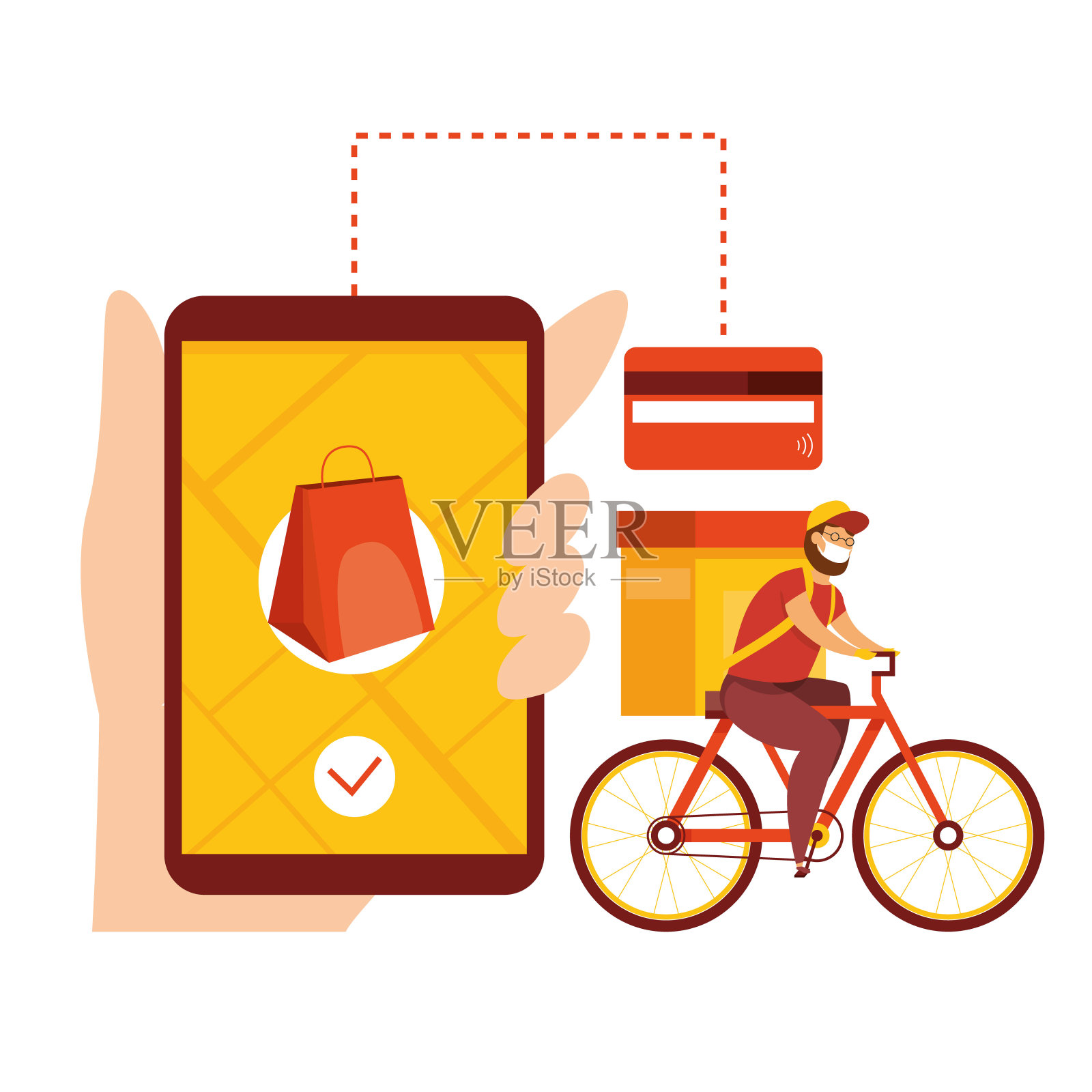 智能手机上的矢量快递服务app。在线订单跟踪，在家和办公室。在线购物。远程支付。送餐员。移动应用程序。插画图片素材