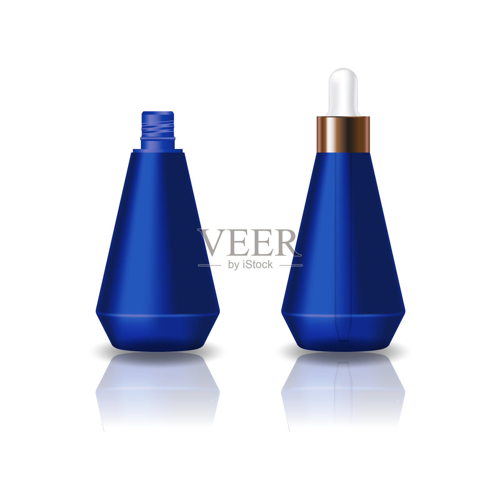 空白蓝色锥形化妆品瓶与白色滴管盖美丽或健康产品。孤立在白色背景与反射阴影。可用于包装设计。矢量插图。插画图片素材