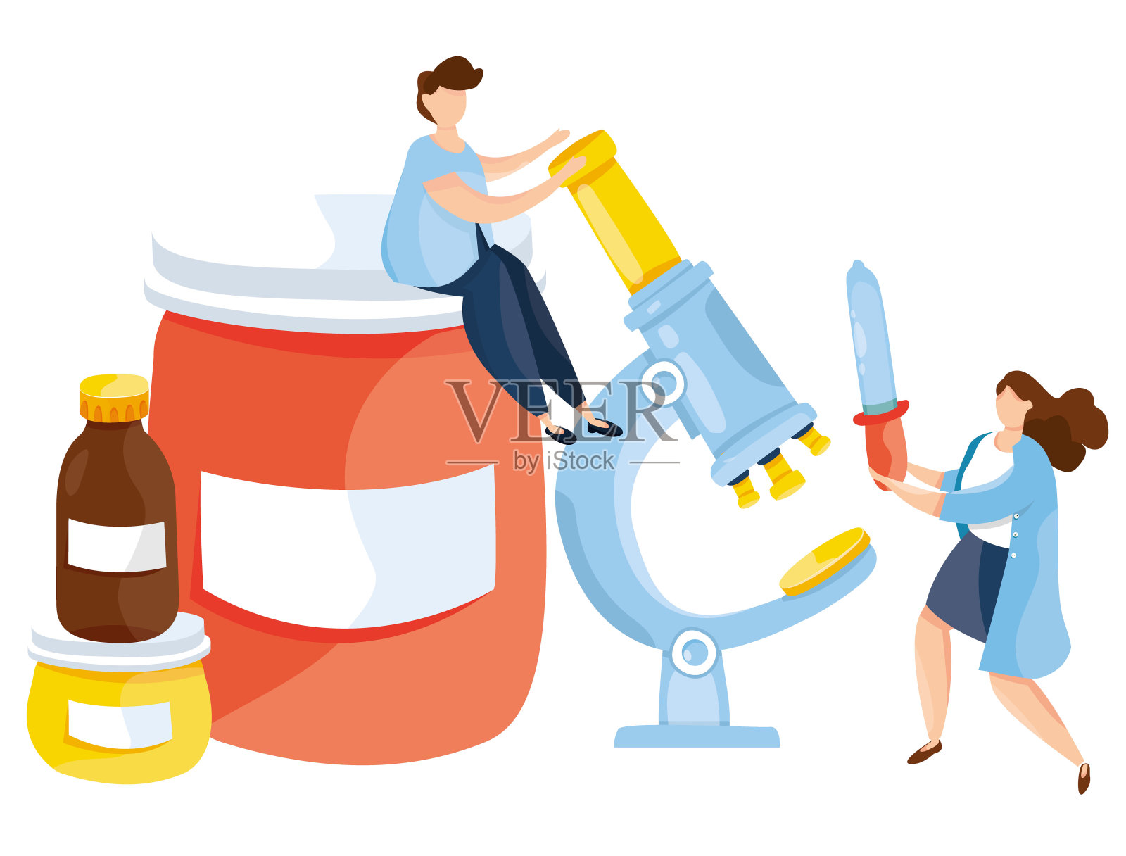 现代矢量插图可爱的医生与温度计，药丸，药物，管，流感疫苗。药物治疗和保健。医疗保健的概念。显微镜。疫情大流行病。病毒插画图片素材