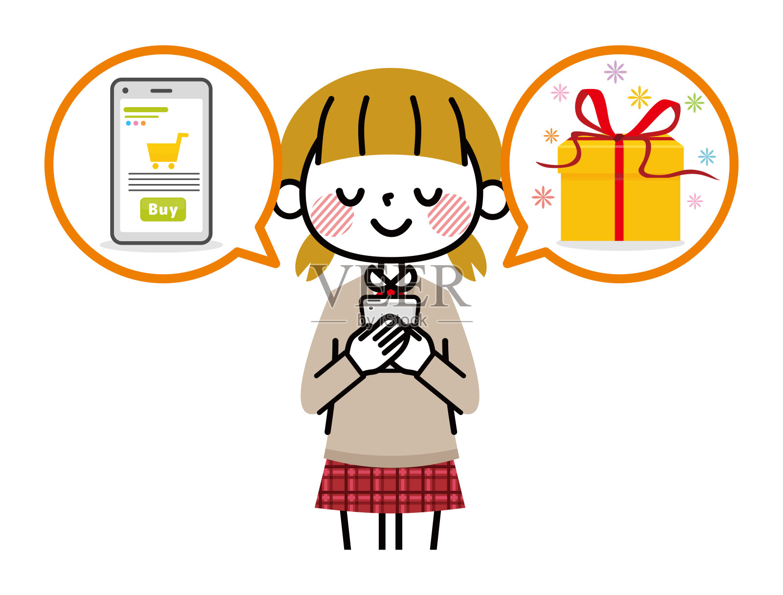 网上购物和女孩插画。插画图片素材