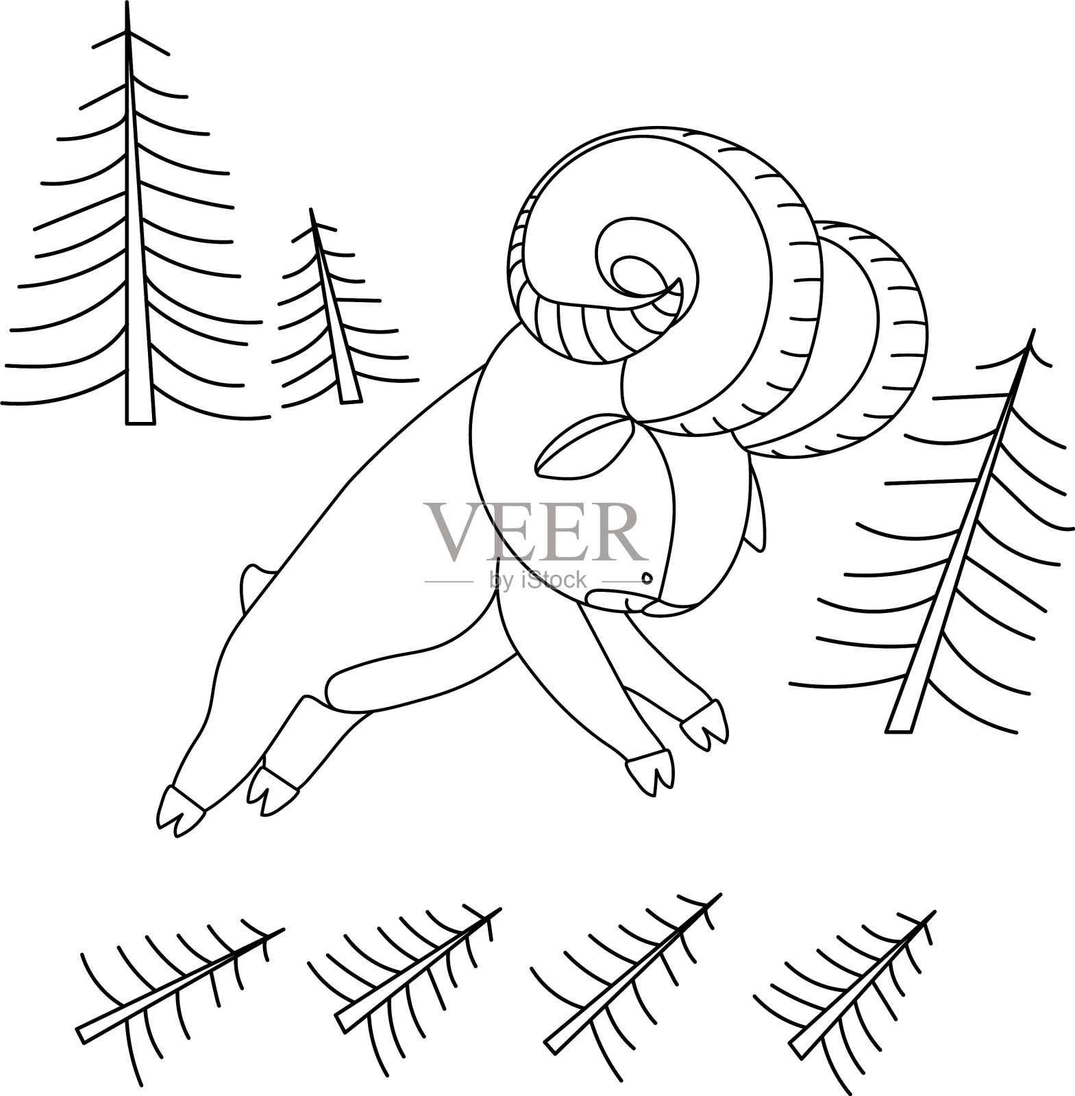 森林里的年轻可爱的有角盘羊插画图片素材