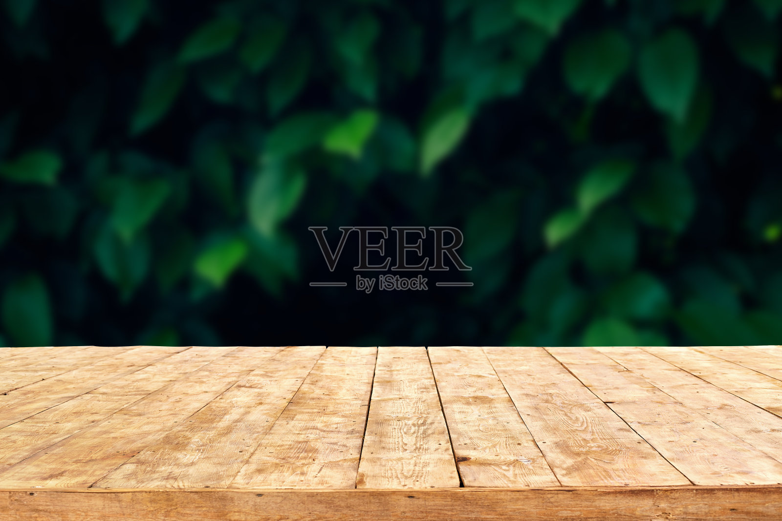 空的木制甲板桌子与树叶散景背景。准备好产品展示蒙太奇。照片摄影图片