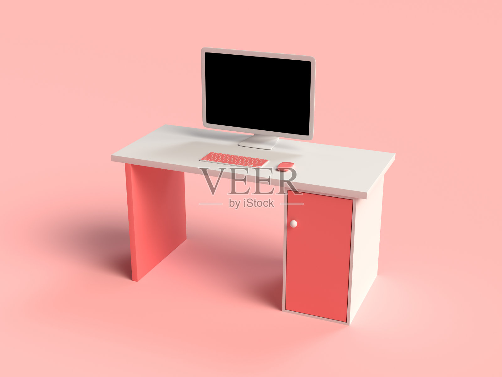 粉色场景白色桌子电脑3d渲染卡通风格照片摄影图片