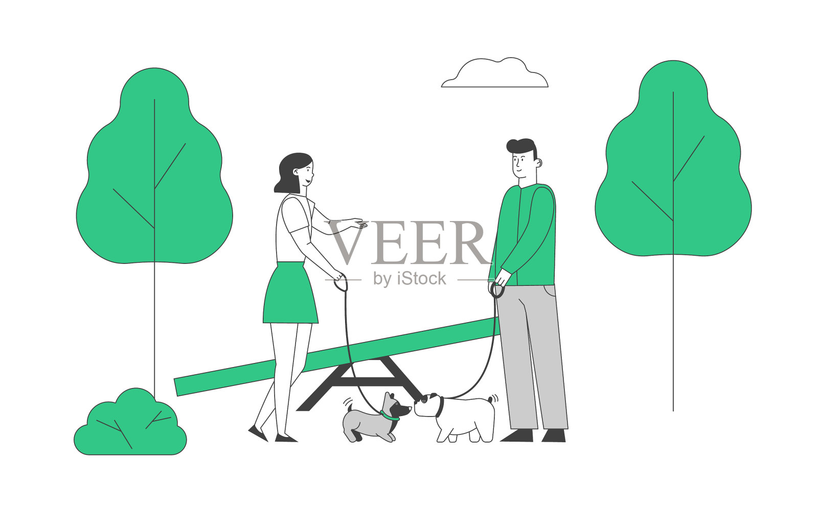 男性和女性角色带着狗在里面散步设计元素图片