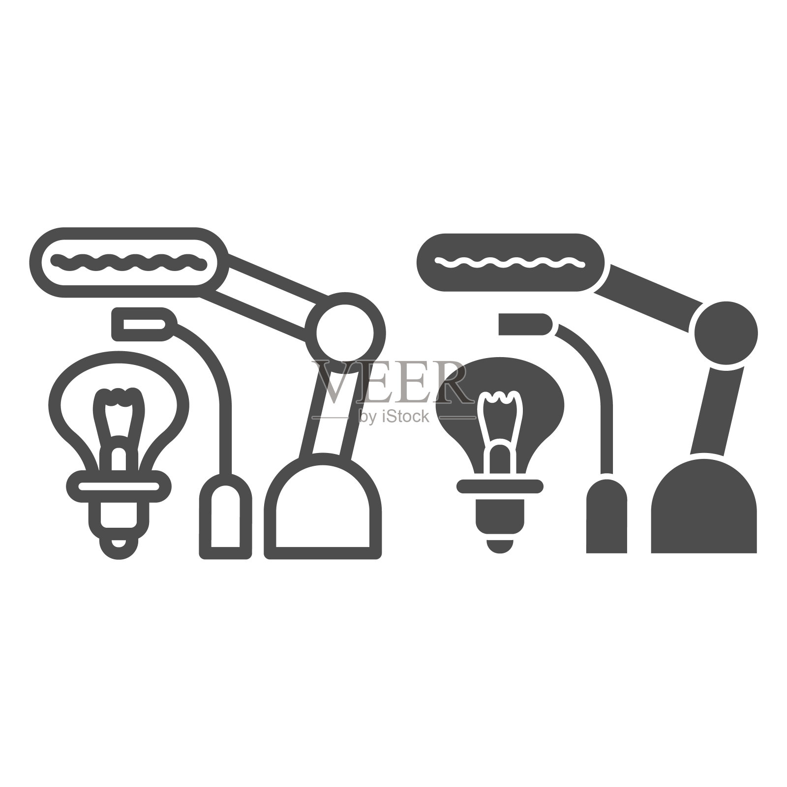 台灯设置线条和立体图标，智能家居技术符号，电动家居闪电设备矢量标志在白色背景上，灯具轮廓图标在轮廓风格的网页设计。矢量图形。图标素材