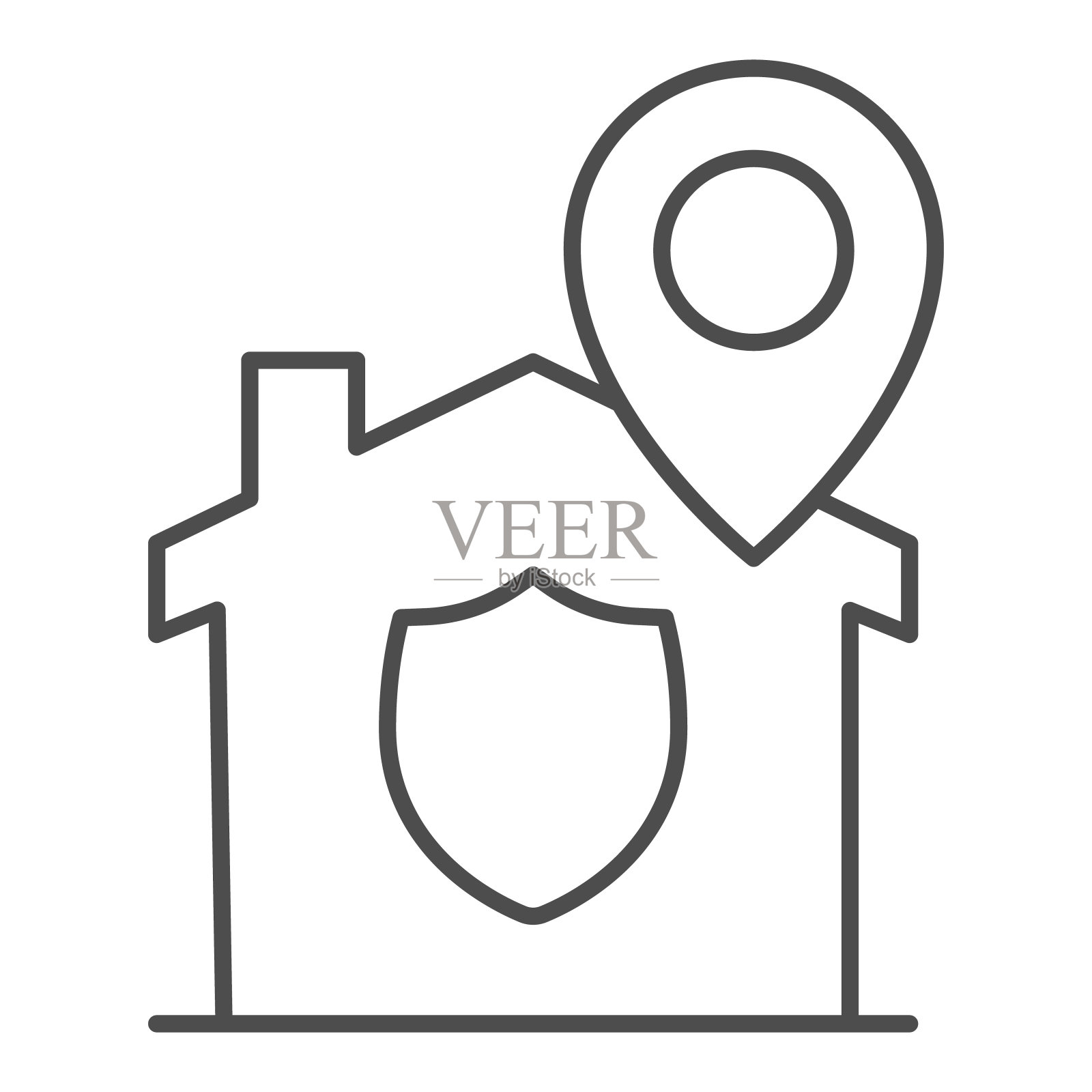 位置指针和建筑与保护标志细线图标，智能家居符号，安全和保护矢量标志在白色背景，地图大头针与房屋和盾牌图标轮廓。向量。插画图片素材