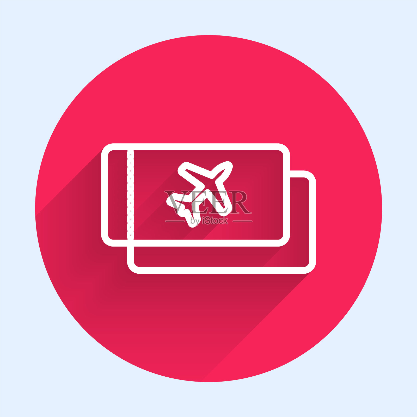 白色线机票图标孤立与长阴影。飞机票。红色圆圈按钮。矢量图图标素材