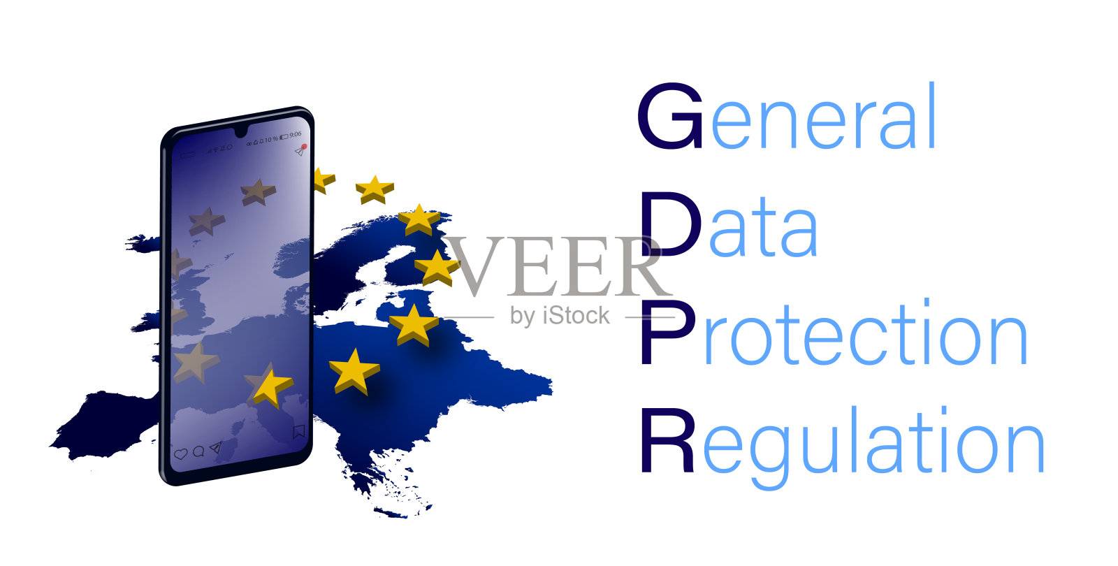 个人资料保护在欧盟的概念，GDPR。网络安全。带有欧盟标志元素的智能手机。横幅、模板插画图片素材