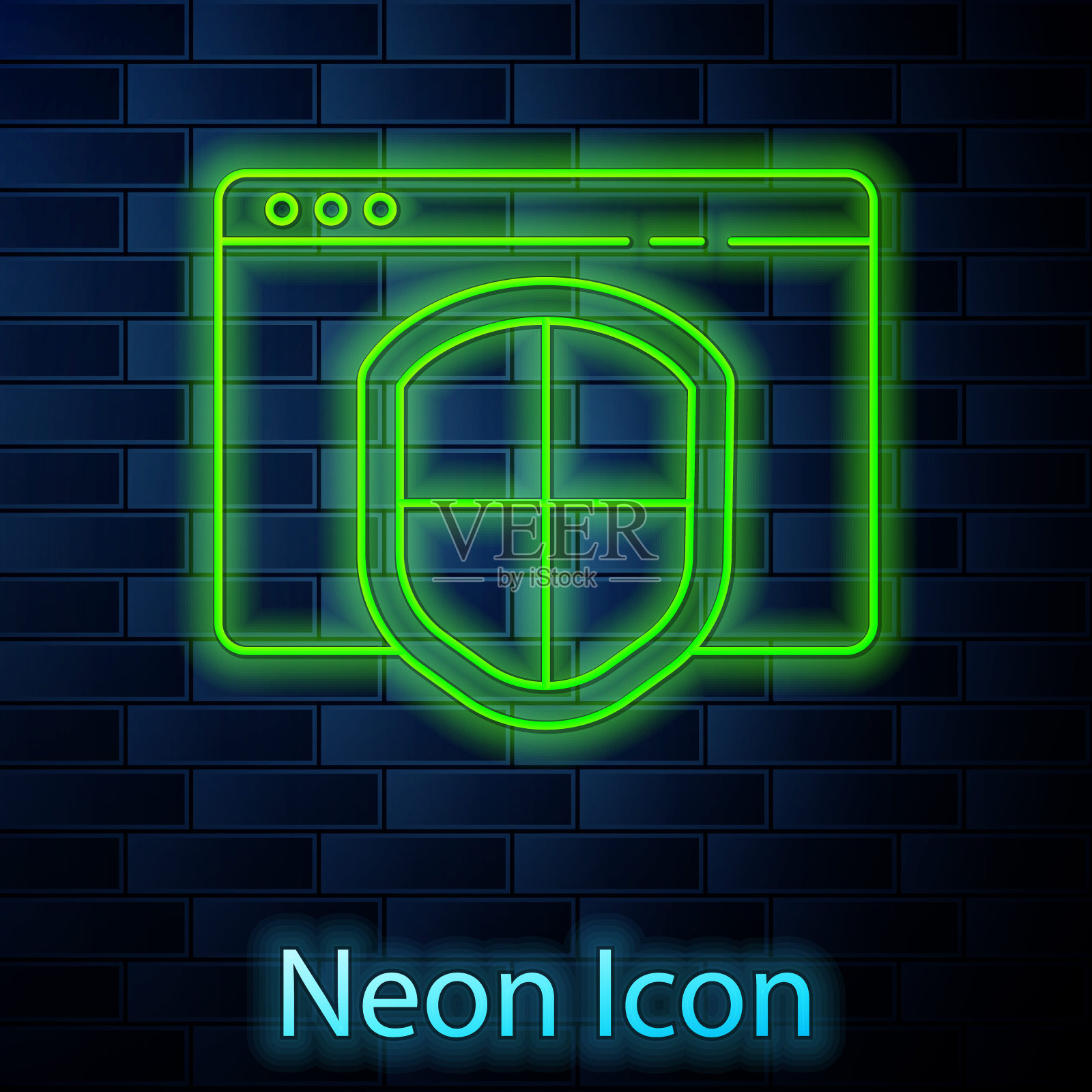 发光的霓虹灯线浏览器与盾牌图标隔离在砖墙的背景。安全、安全、保护、隐私的理念。矢量图插画图片素材