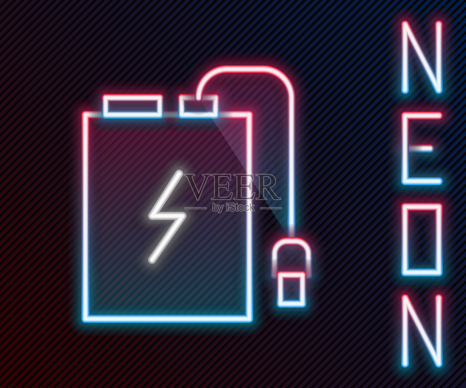 发光的霓虹灯线电源银行与不同的充电电缆图标隔离在黑色背景。便携式充电设备。色彩斑斓的轮廓的概念。矢量图插画图片素材