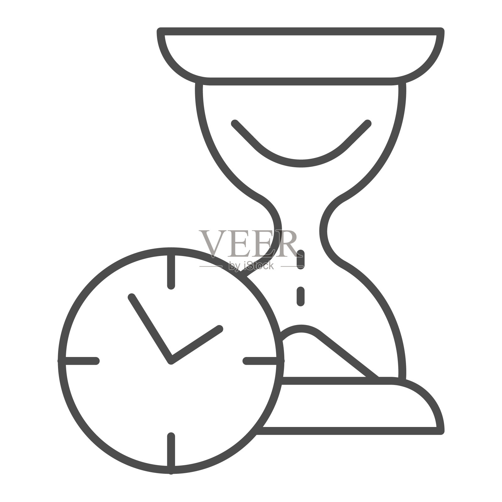 沙漏与时钟细线图标，时间流逝的概念，紧急和快用完的时间标志在白色的背景，沙漏或沙钟与手表图标在轮廓风格。矢量图形。设计元素图片