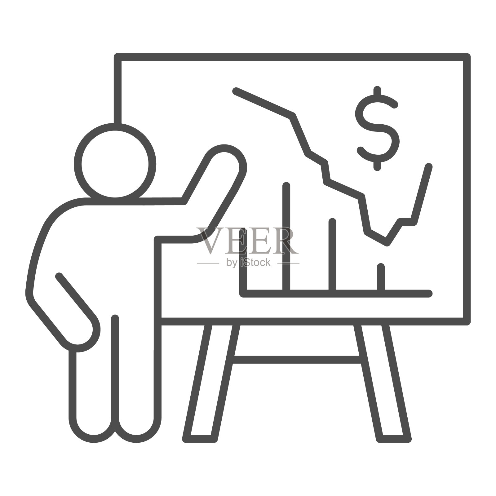 人在招牌上呈现图表细线图标，在白色背景上以图表和美元符号表示概念，教师用图表图标指向板轮廓风格。插画图片素材