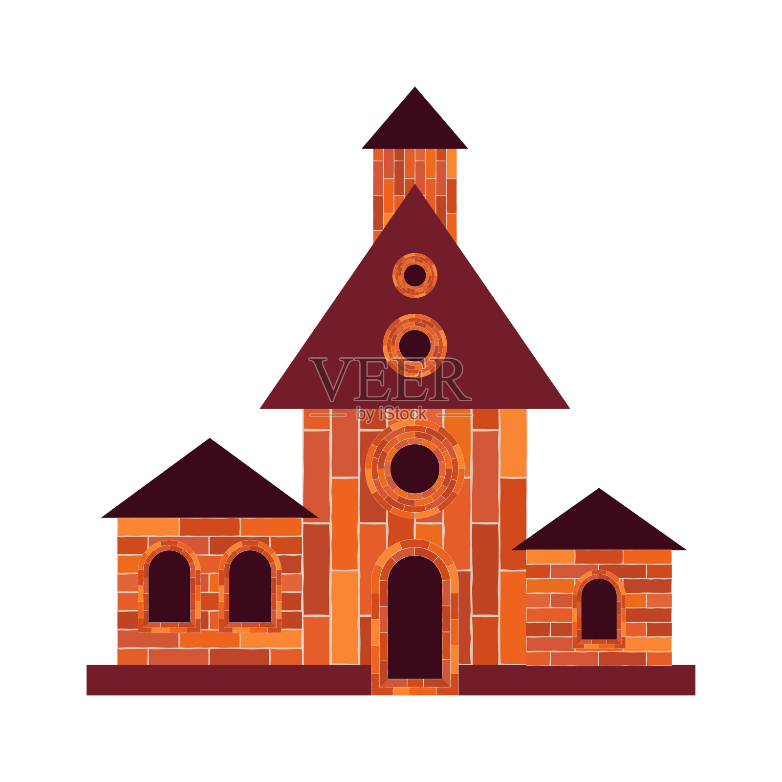 在白色的背景下，有一扇窗户和一扇门的旧砖房被孤立。插画图片素材