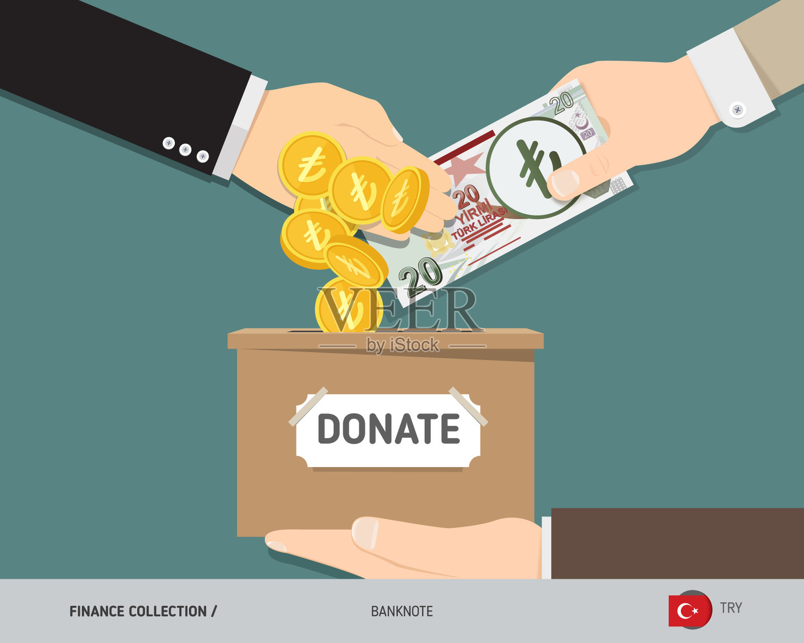 手将20个土耳其里拉钞票和金币放入捐款箱。捐钱和慈善理念。平面风格矢量插图。插画图片素材