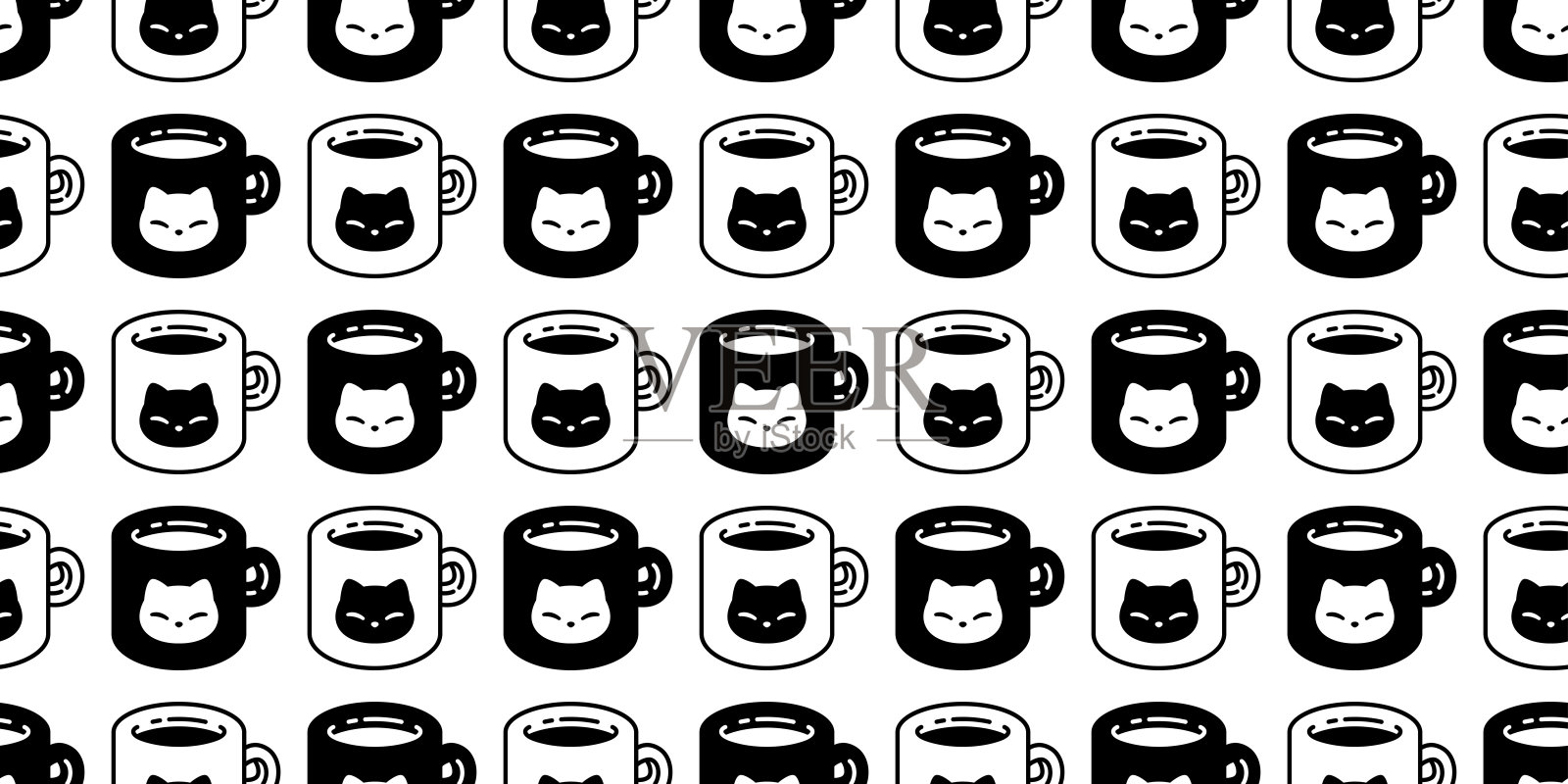 猫无缝图案小猫矢量杯咖啡茶牛奶玻璃印花布动物宠物围巾孤立重复背景卡通瓷砖墙纸涂鸦插图设计插画图片素材