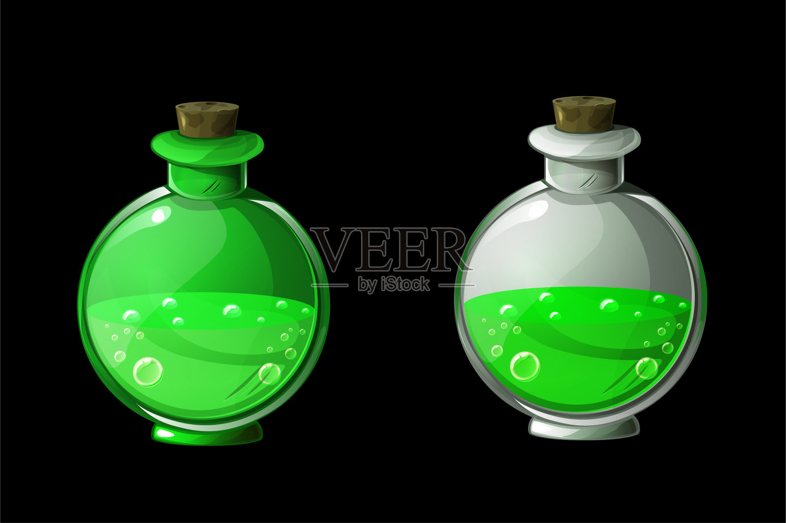 在瓶子里设置绿色魔法药水或毒药。插画图片素材