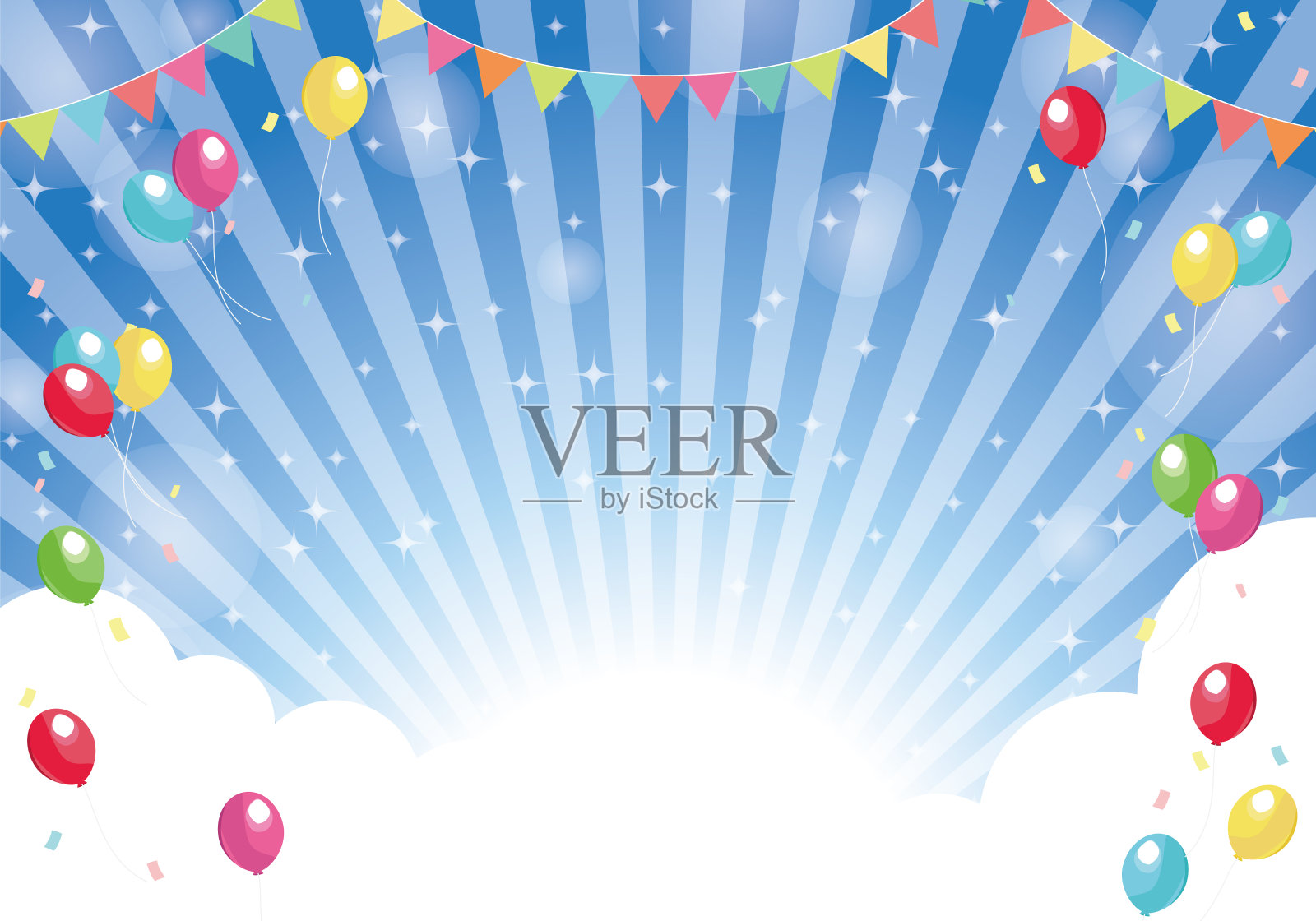 蓝色径向背景气球，云彩和闪光的背景插画图片素材