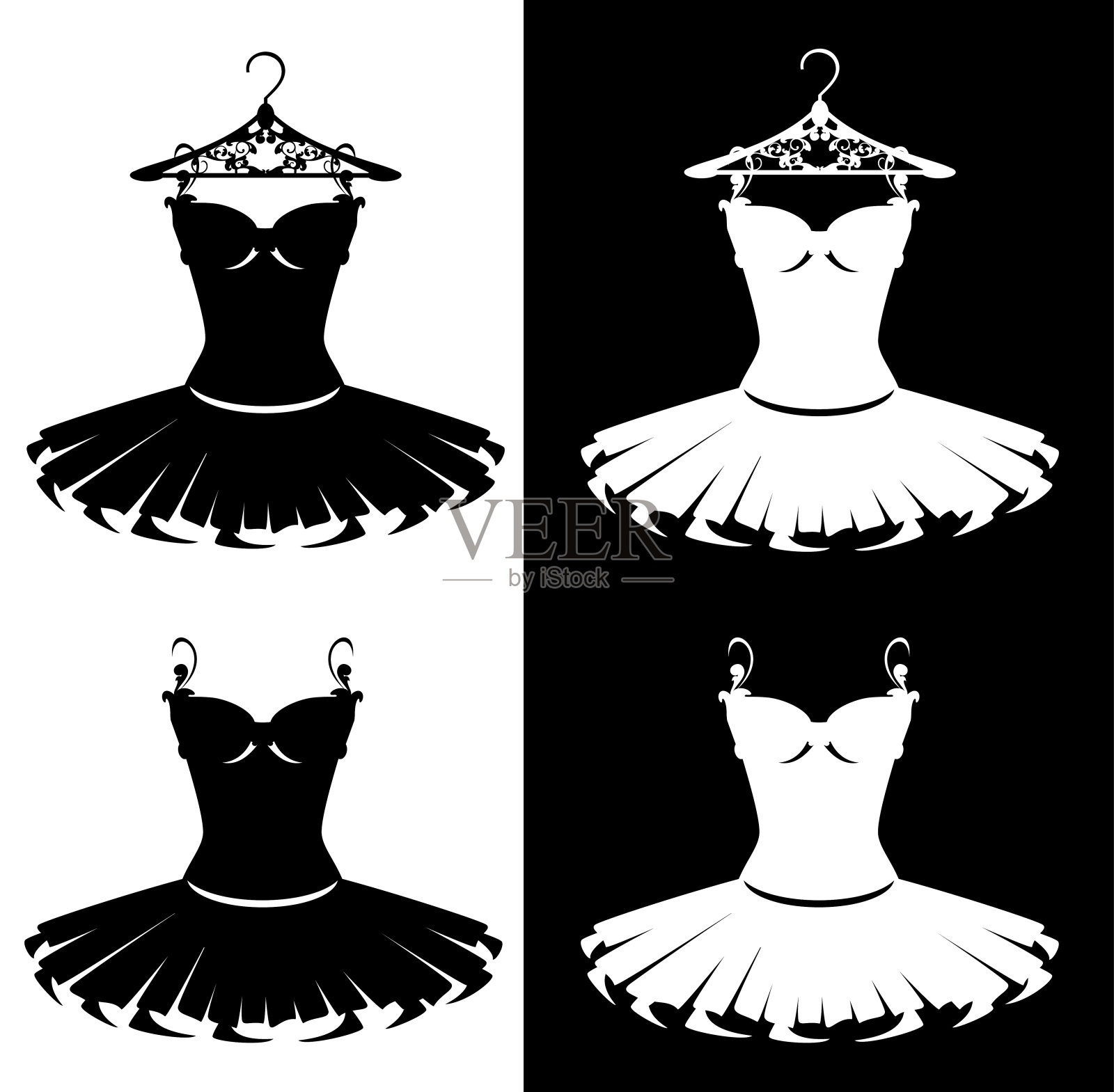 芭蕾舞短裙服装衣架上的黑白矢量轮廓集插画图片素材