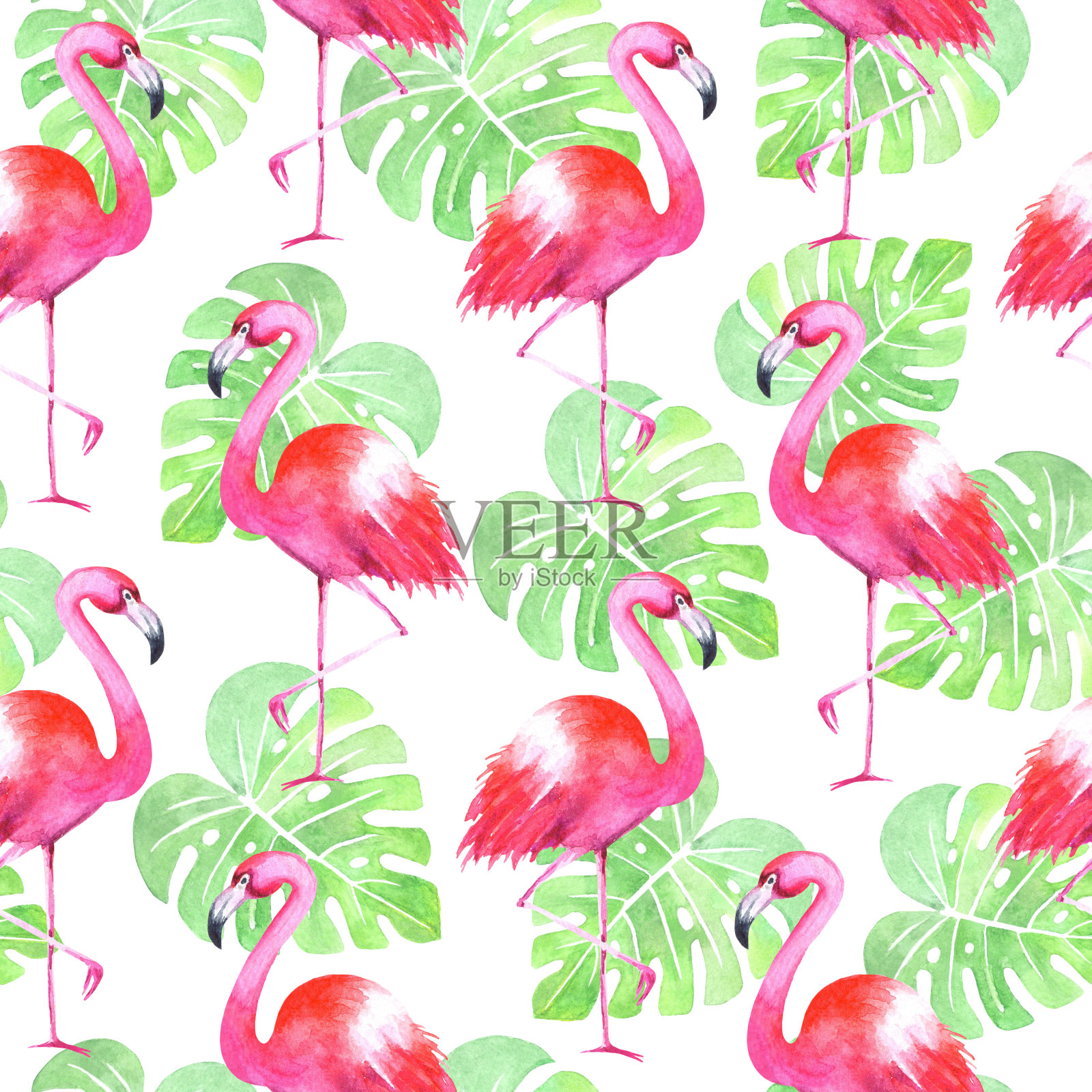 手绘水彩火烈鸟与热带叶子无缝图案插画图片素材